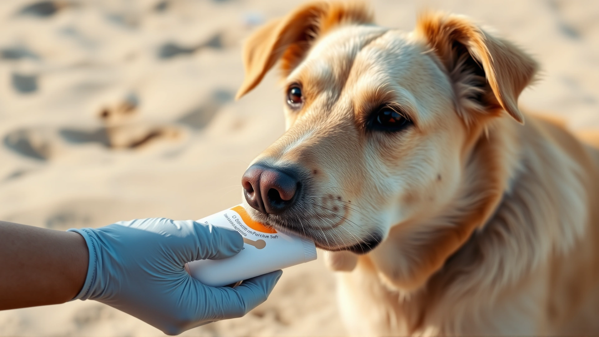 Close-up of a light-colored dog having pet-safe sunscreen gently applied to its nose while sitting on sandy beach, soft-focus background, natural lighting