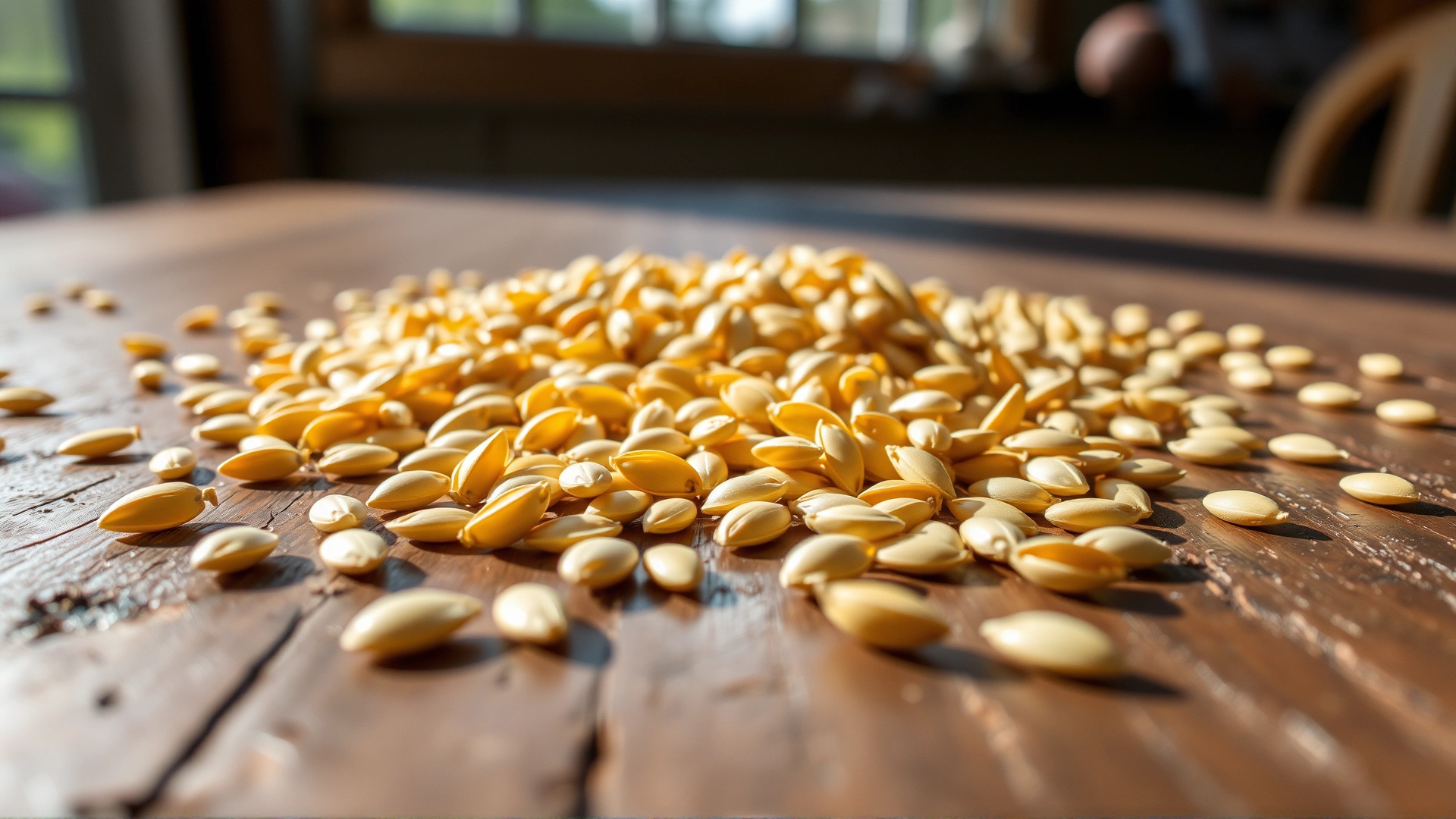 Macro shot of unshelled sunflower seeds scattered on a rustic wooden table in natural sunlight