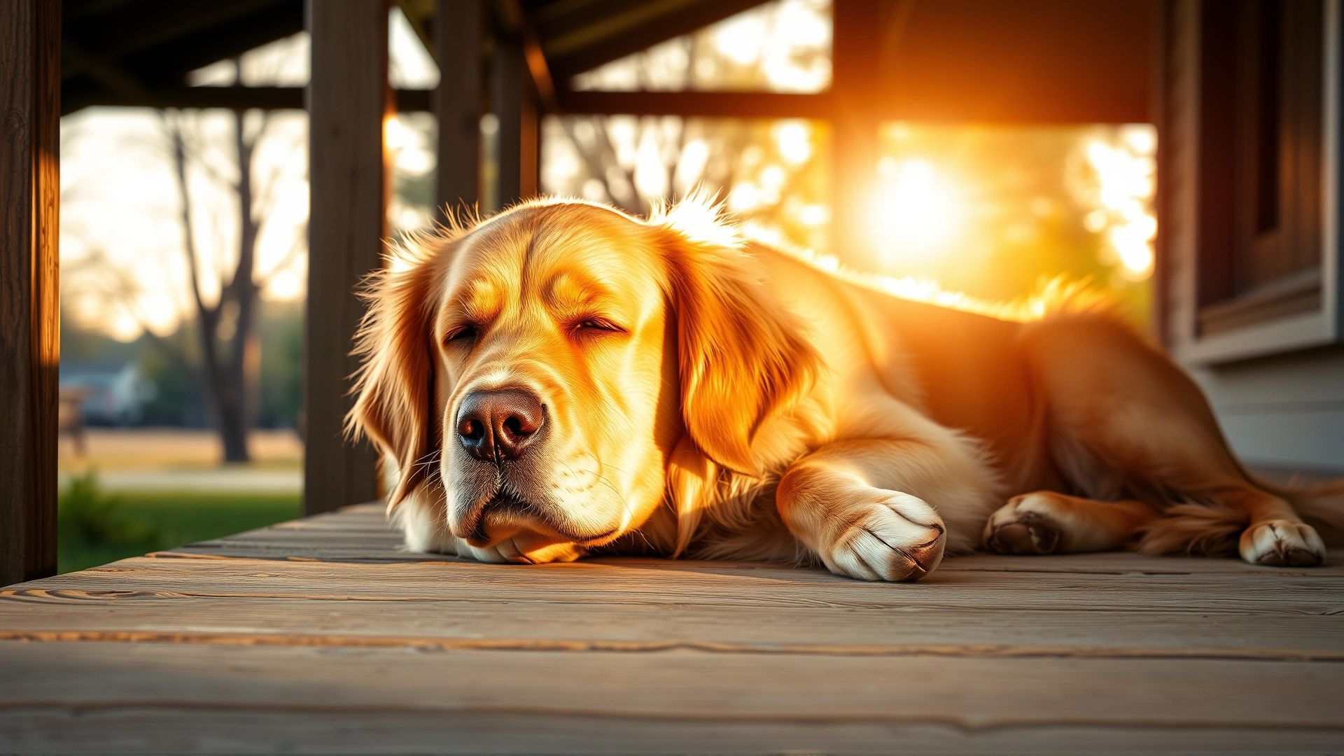 Golden Retriever peacefully lying on a wooden porch bathed in warm morning sunlight, eyes half-closed in relaxation