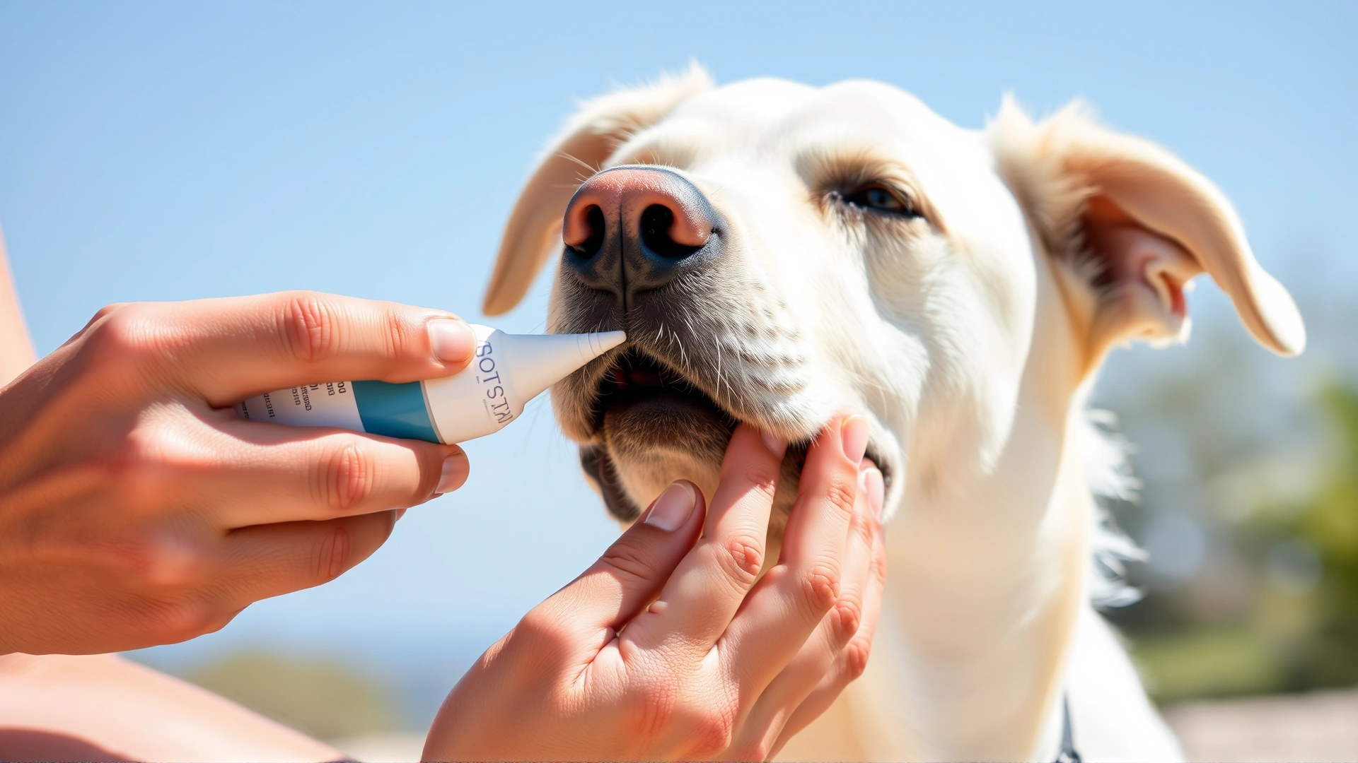 Close-up of a person gently applying pet-safe sunscreen to a white dog’s nose and ears outdoors