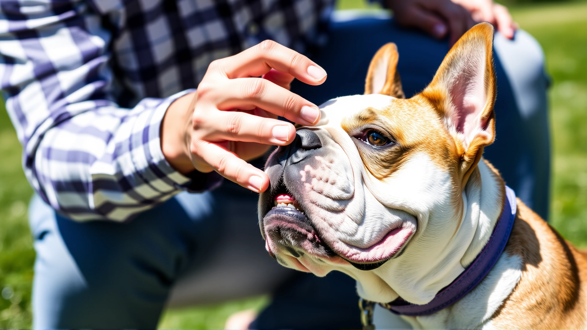 Owner gently applying pet-safe sunscreen to the pink nose and ears of an English Bulldog outdoors on a sunny day.