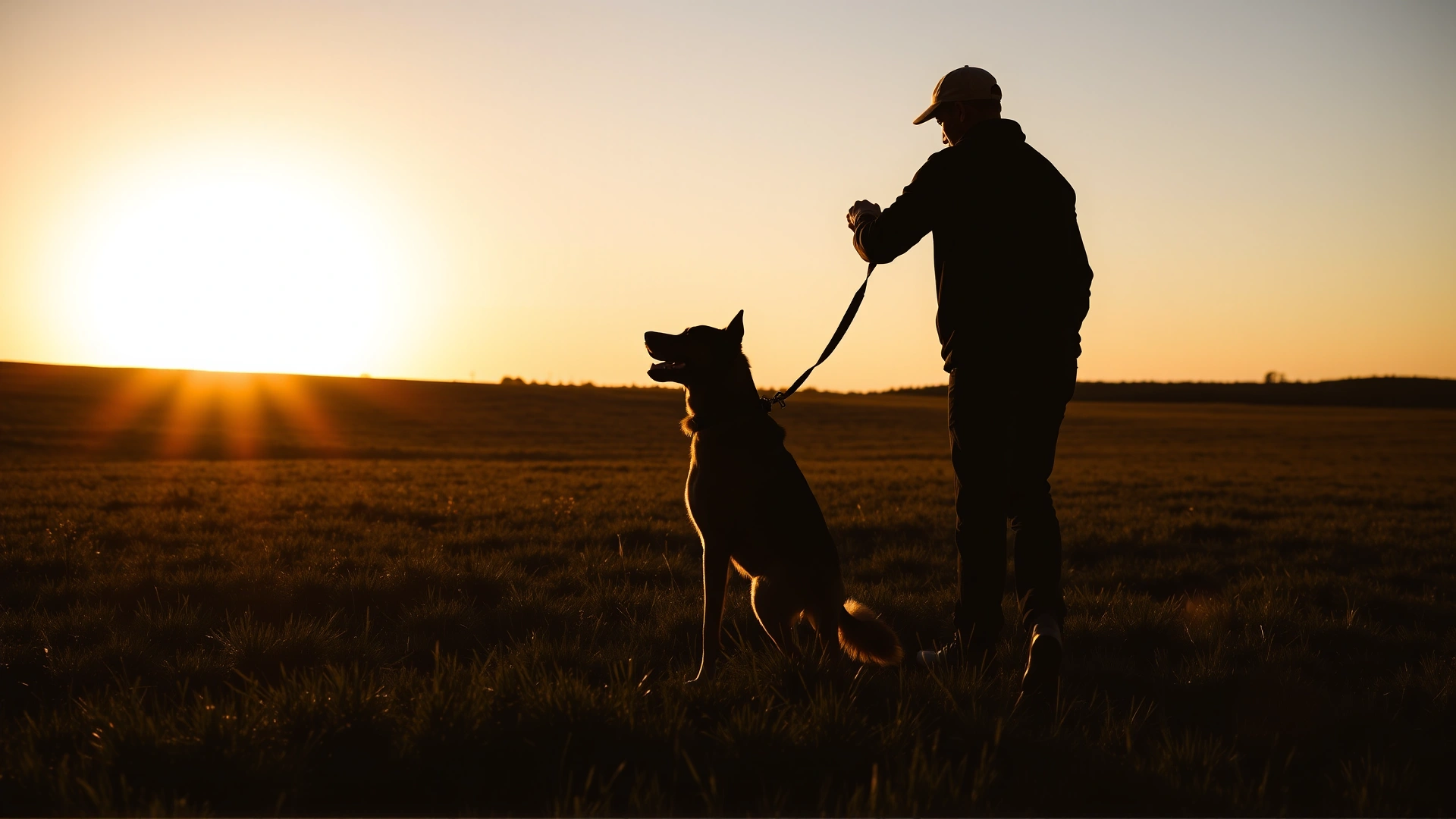Silhouette of an owner practicing commands with their dog at sunset in an open field.
