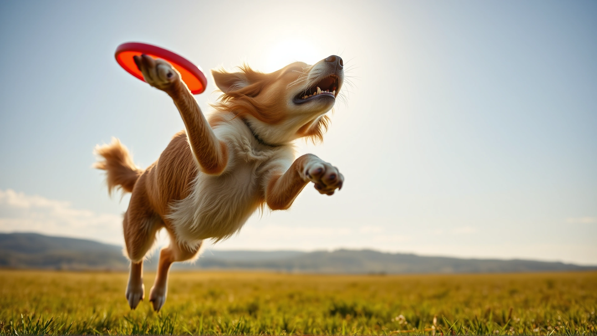 Dog jumping to catch a frisbee in a sunny open field with sun rays highlighting its fur, emphasizing vitamin D and outdoor fun