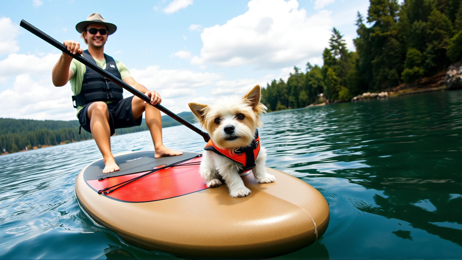 Owner paddling on a stand-up paddleboard with a small dog wearing a life jacket at the front, serene lake backdrop