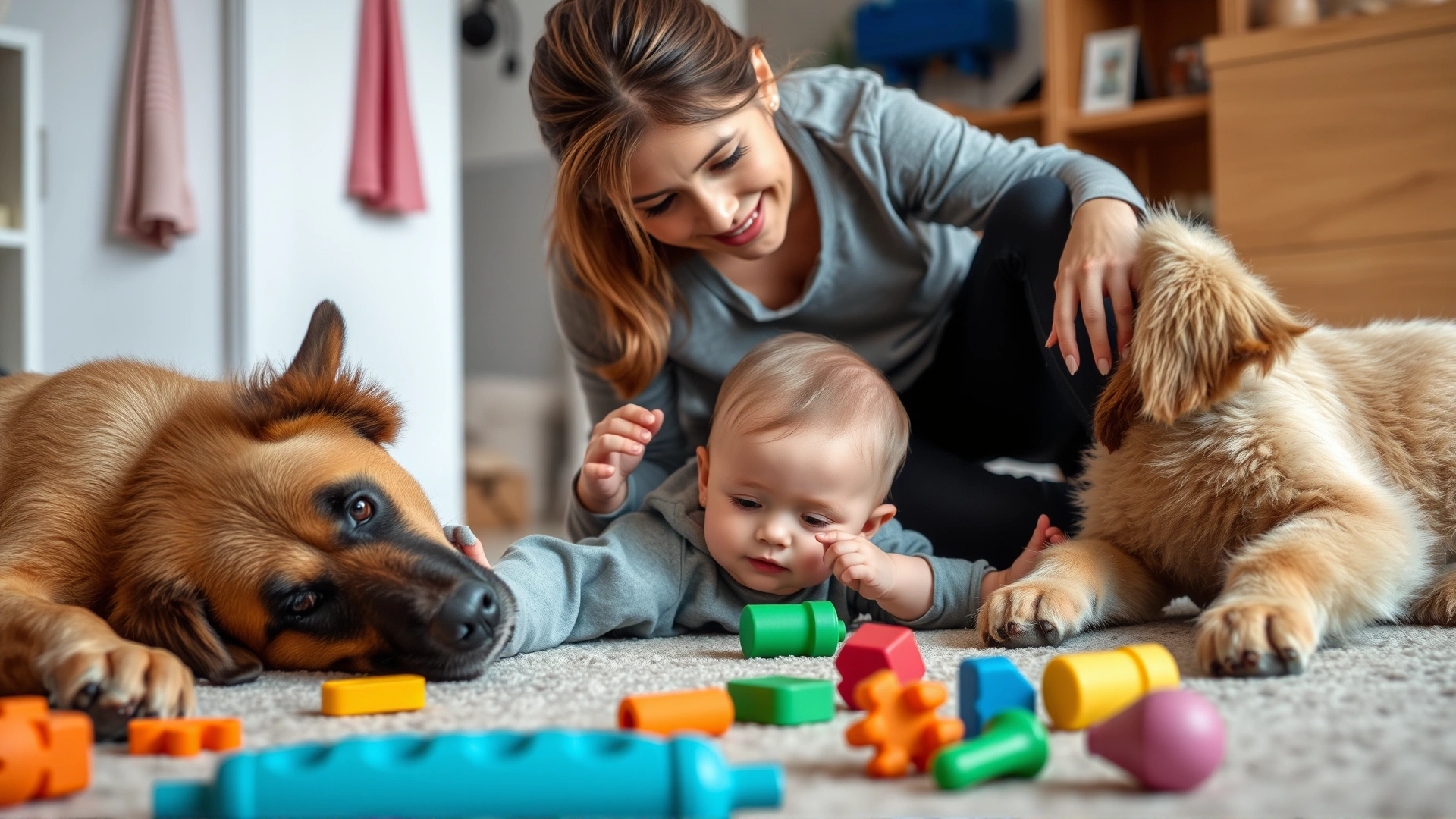 Parent on the floor supervising a playful toddler and a relaxed dog with toys scattered around
