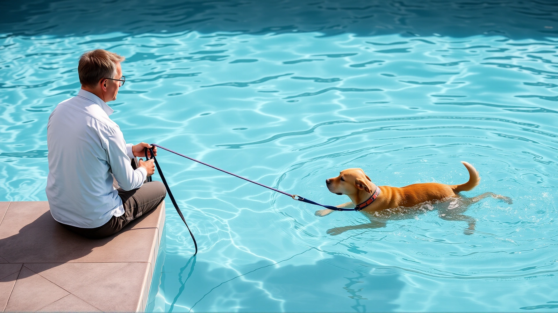 Owner sitting on pool edge attentively watching their dog swim while holding a long training lead
