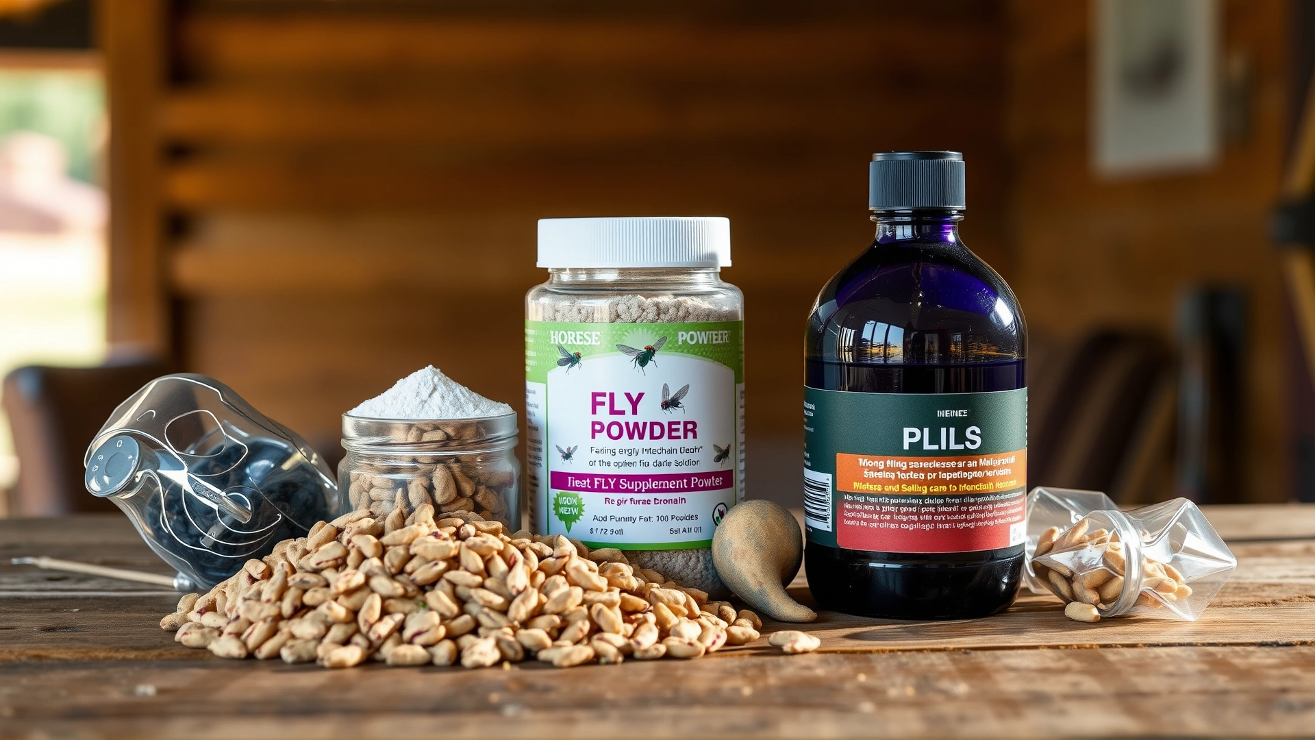 A neatly arranged assortment of fly supplements for horses in various forms—pellets, powder jar, and liquid bottle—on a wooden stable table, soft natural lighting, no text