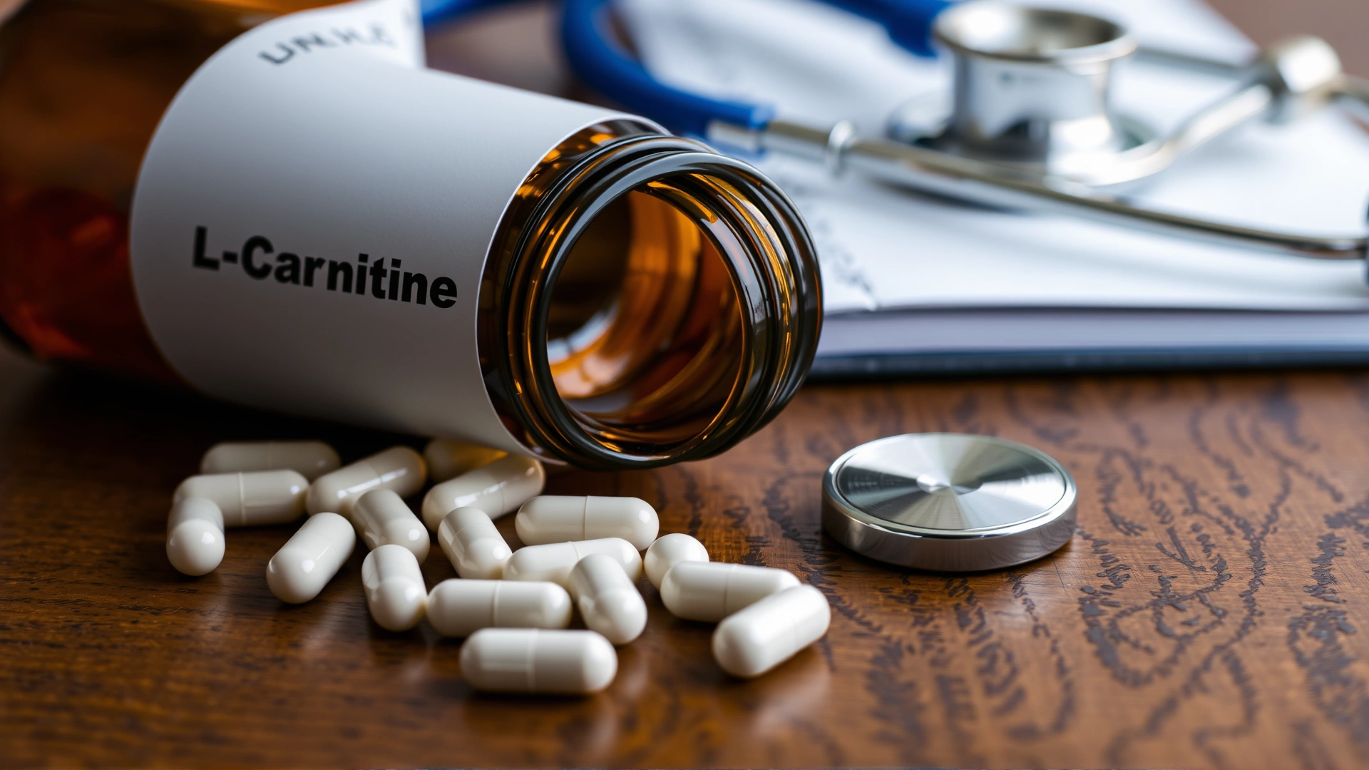 Close-up of an amber glass bottle labeled L-Carnitine spilled on a wooden surface with white capsules scattered, along with a stethoscope and a notebook in soft focus.