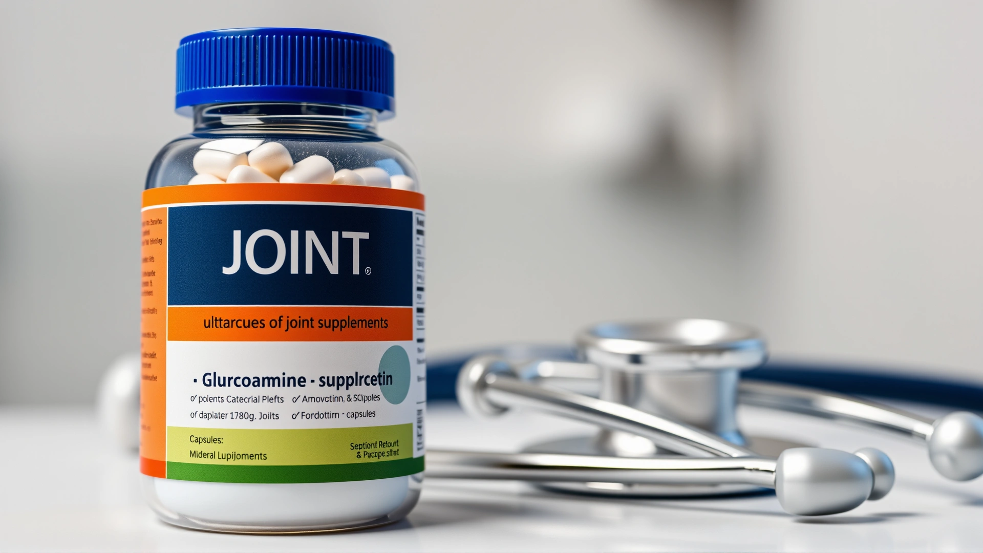 Close-up of a veterinary-labeled bottle of joint supplements with glucosamine and chondroitin capsules, placed on a clinic counter beside a stethoscope.