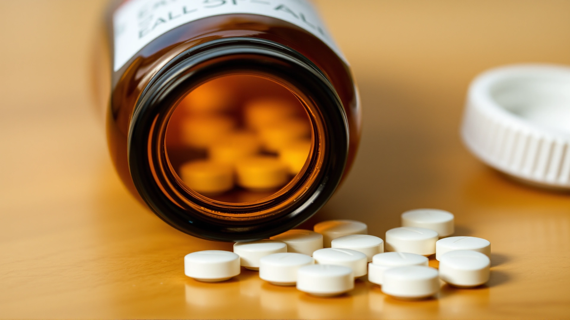 Close-up of an unlabeled amber glass pill bottle with white cap and scattered round tablets on a wooden surface, soft natural light