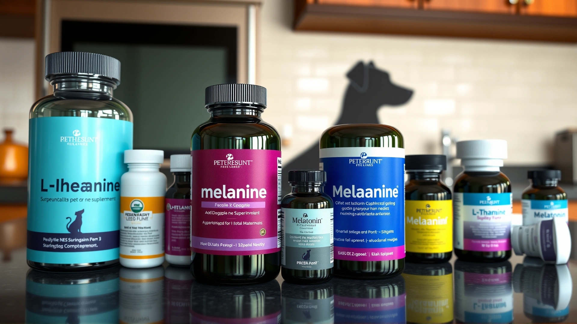Assorted pet supplement bottles labeled 