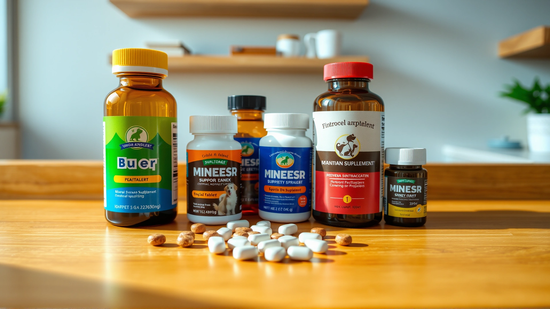 Assorted pet mineral supplement bottles and chewable tablets neatly arranged on a wooden countertop with soft natural lighting.