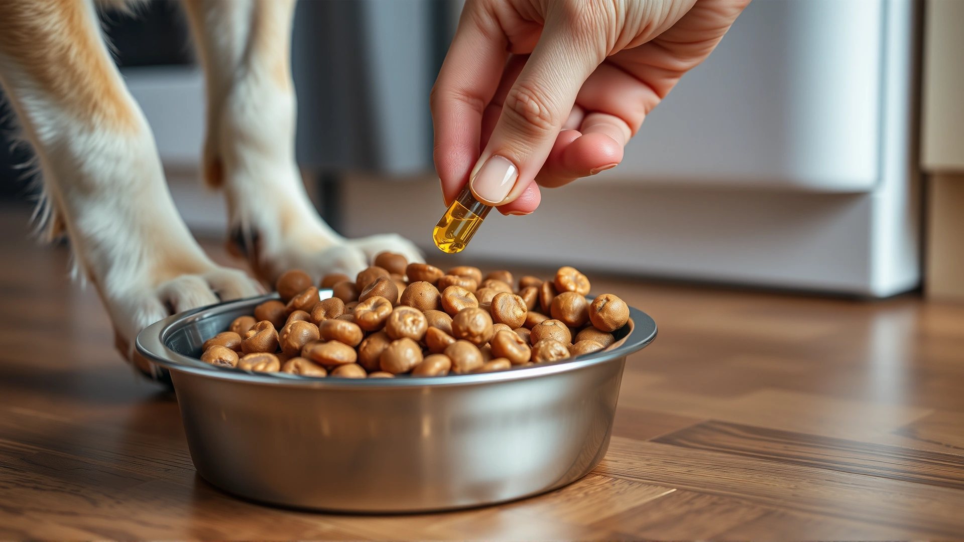 Close-up of human hand adding fish oil capsule to a dog's kibble in stainless steel bowl on kitchen floor