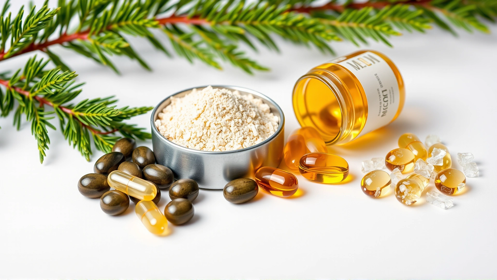 Neatly arranged assortment of joint supplement ingredients on a white background—glucosamine powder, green-lipped mussel pieces, fish oil capsules, and MSM crystals