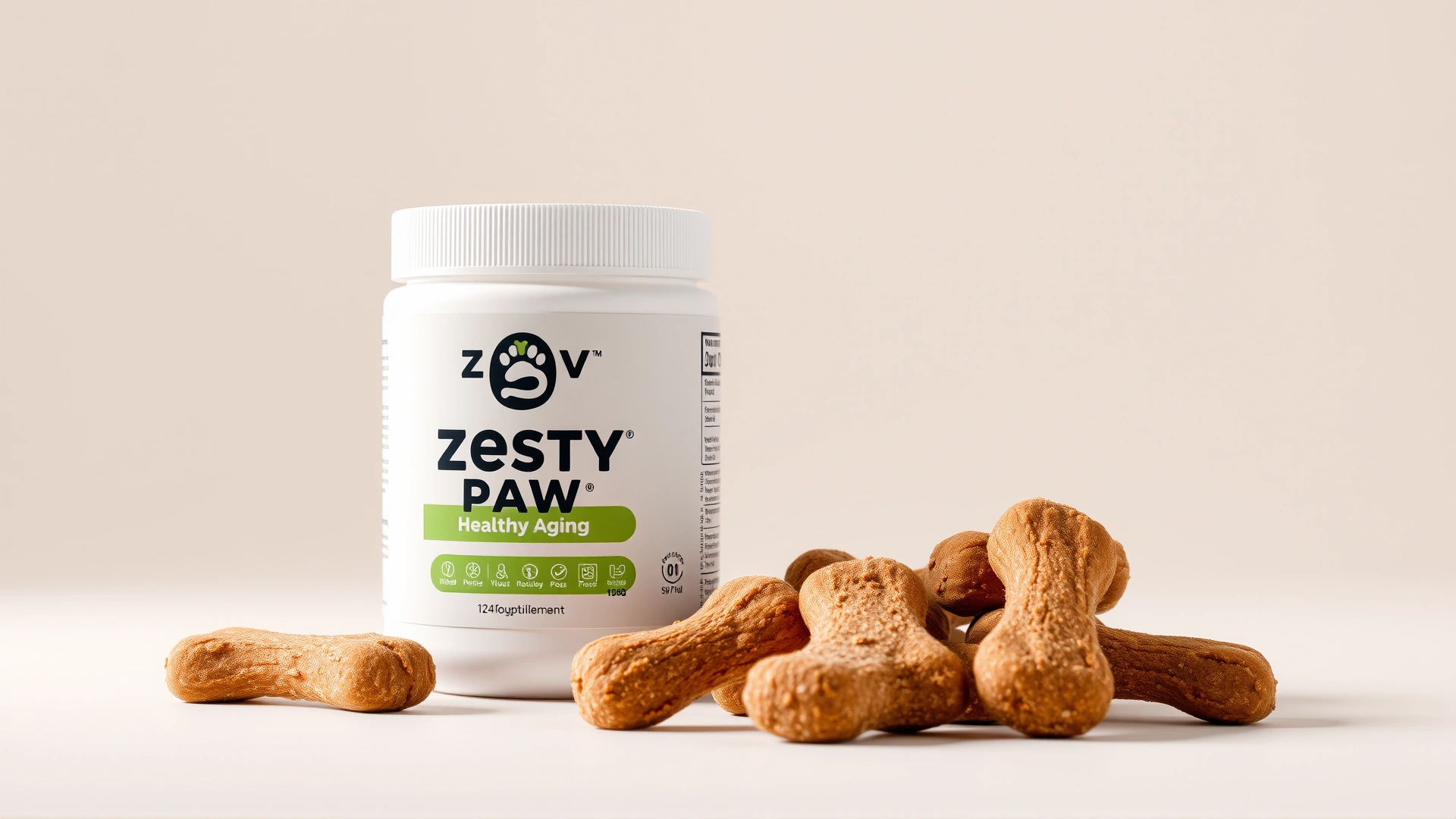 Product shot of Zesty Paws Healthy Aging supplement jar next to several soft chews on a neutral background, bright studio lighting