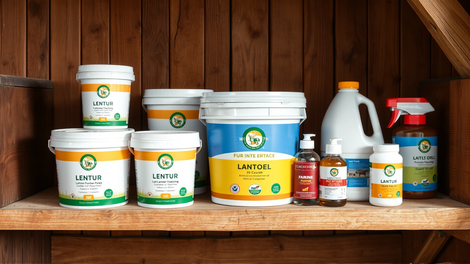 Lineup of various horse joint supplement containers (powder tubs, pellet buckets, liquid bottles) neatly arranged on a rustic wooden stable shelf