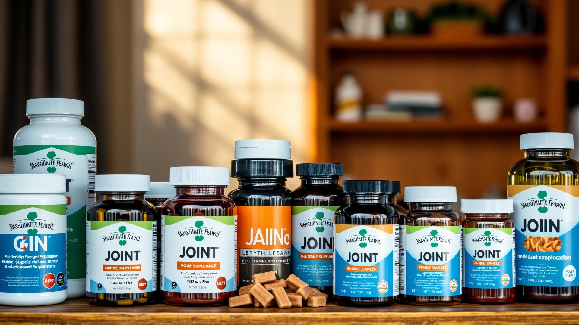 Neatly arranged assortment of canine joint supplements (bottles and chewables) on a wooden table, natural lighting
