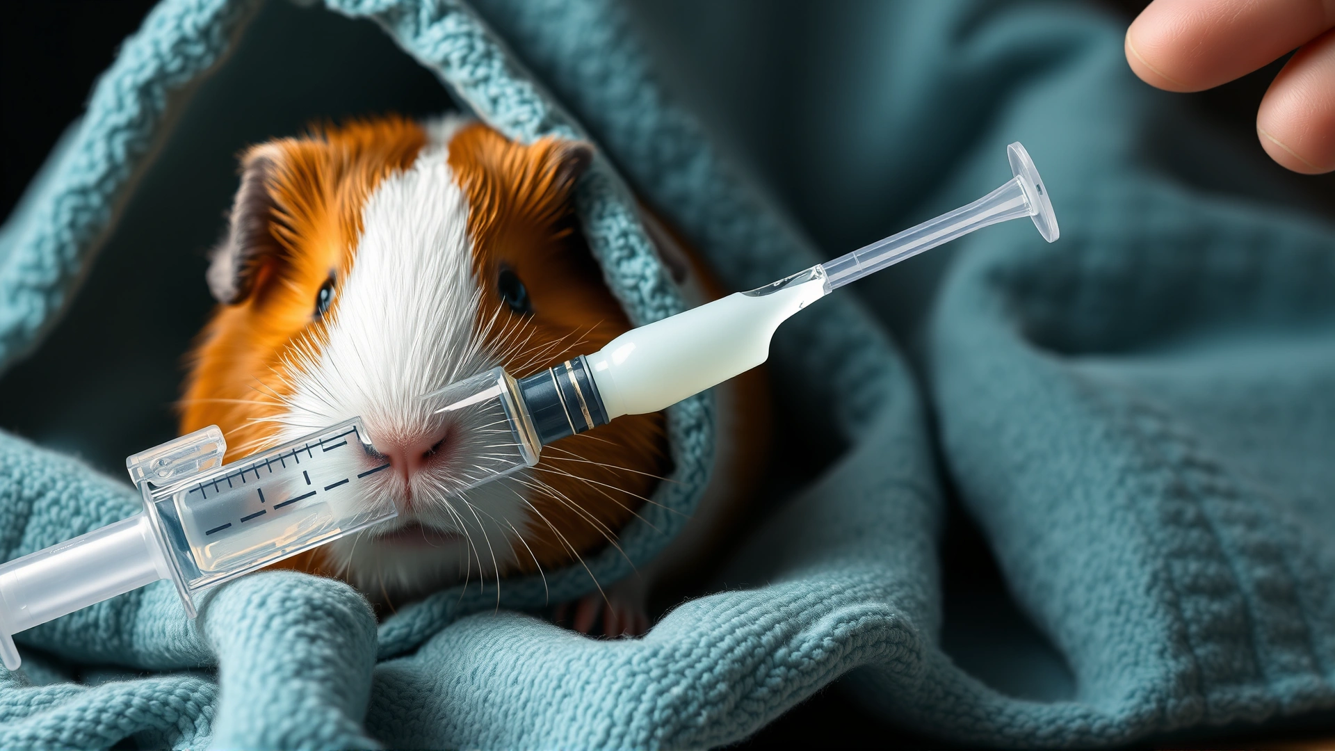 Small syringe filled with liquid calcium supplement next to a calm guinea pig wrapped in a towel