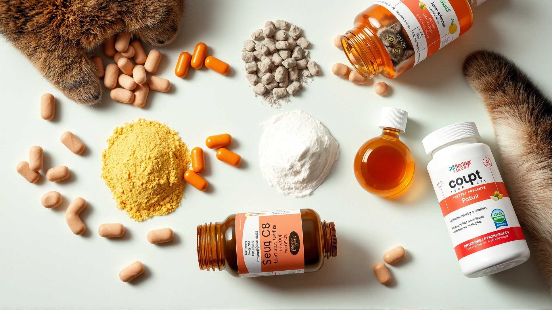 Flat lay of different cat supplement forms – soft chews, powders, capsules, liquids – arranged neatly on pastel background, studio lighting
