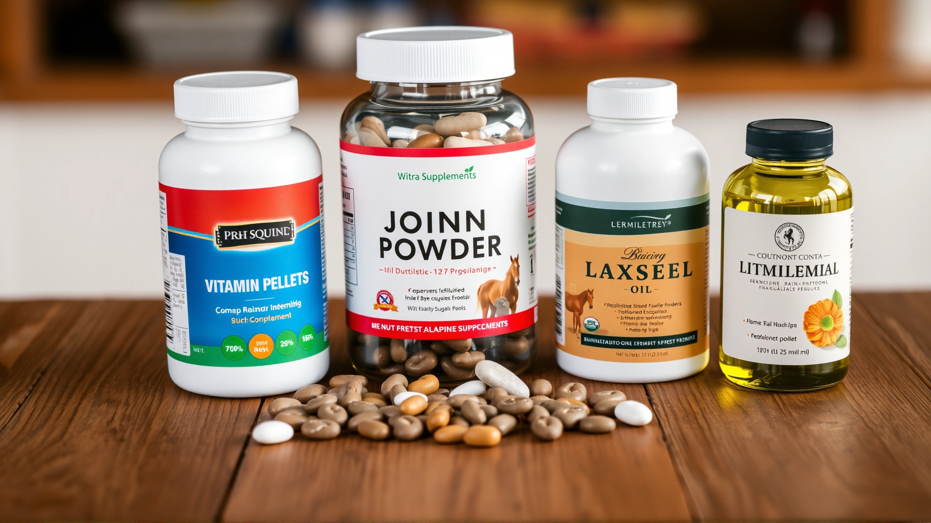 Assorted equine supplements—vitamin pellets, joint powder, and flaxseed oil—arranged neatly on a wooden table.
