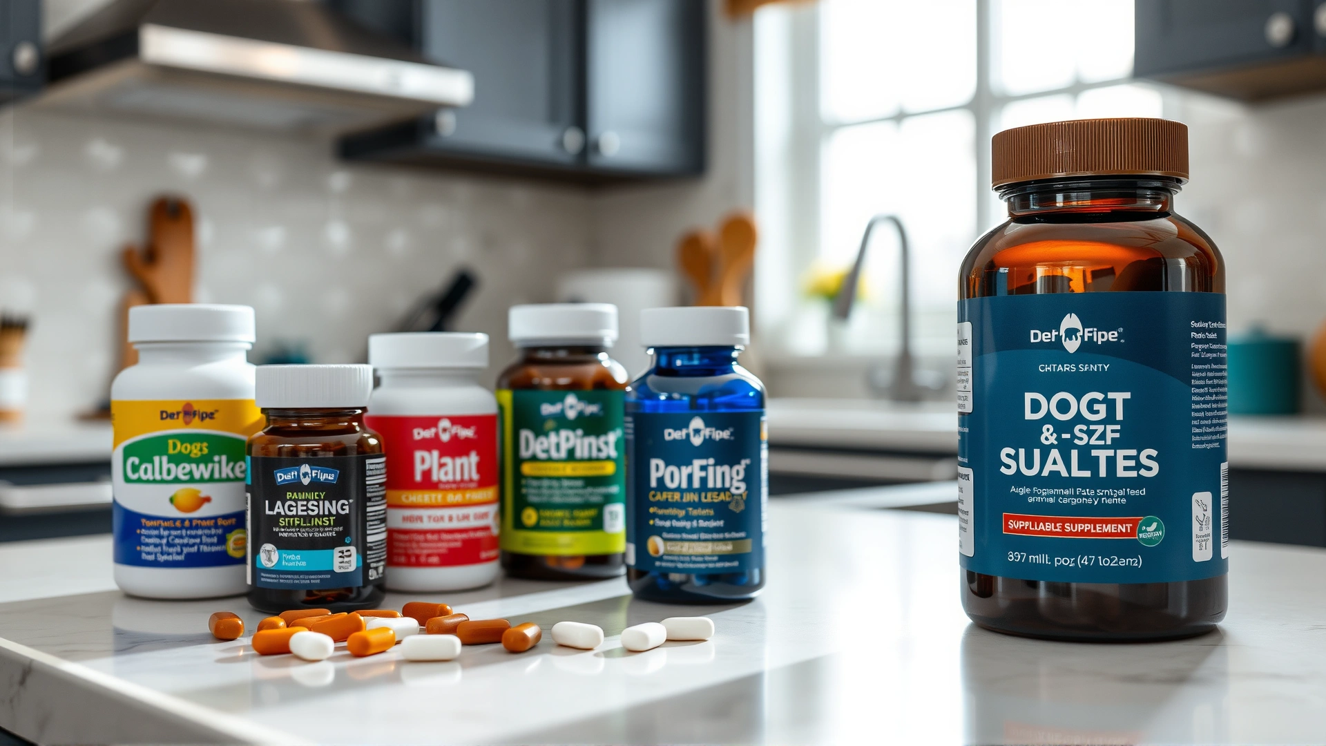Neatly arranged assortment of dog-friendly supplement bottles and chewy tablets on a kitchen countertop with soft natural lighting