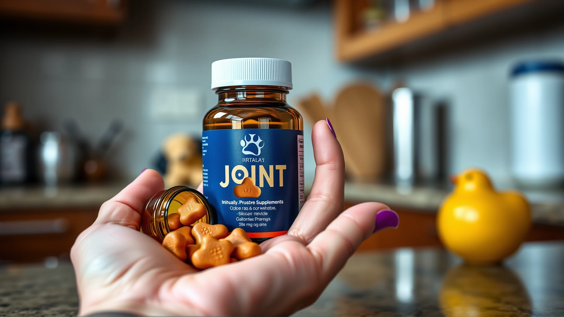 Hand holding chewable joint supplements next to an open pill bottle labeled with paw prints, blurred background kitchen counter.