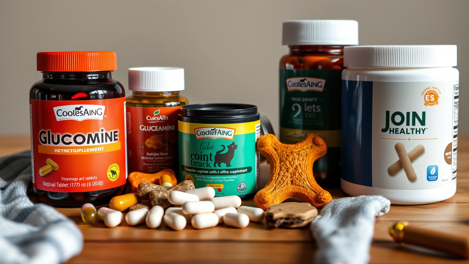 Still life of canine joint health supplements: glucosamine tablets, fish-oil capsules, and chewable treats arranged on a wooden table.