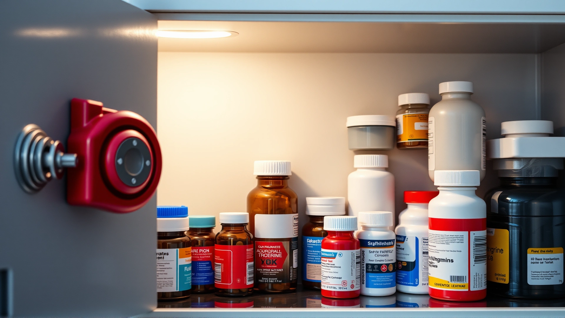 Medicine cabinet with a childproof lock containing various supplement bottles, focus on safety concept, bright household lighting