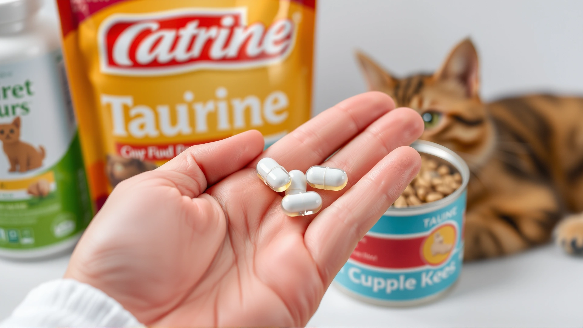 Close-up of human hand holding taurine supplement pills next to commercial cat food.