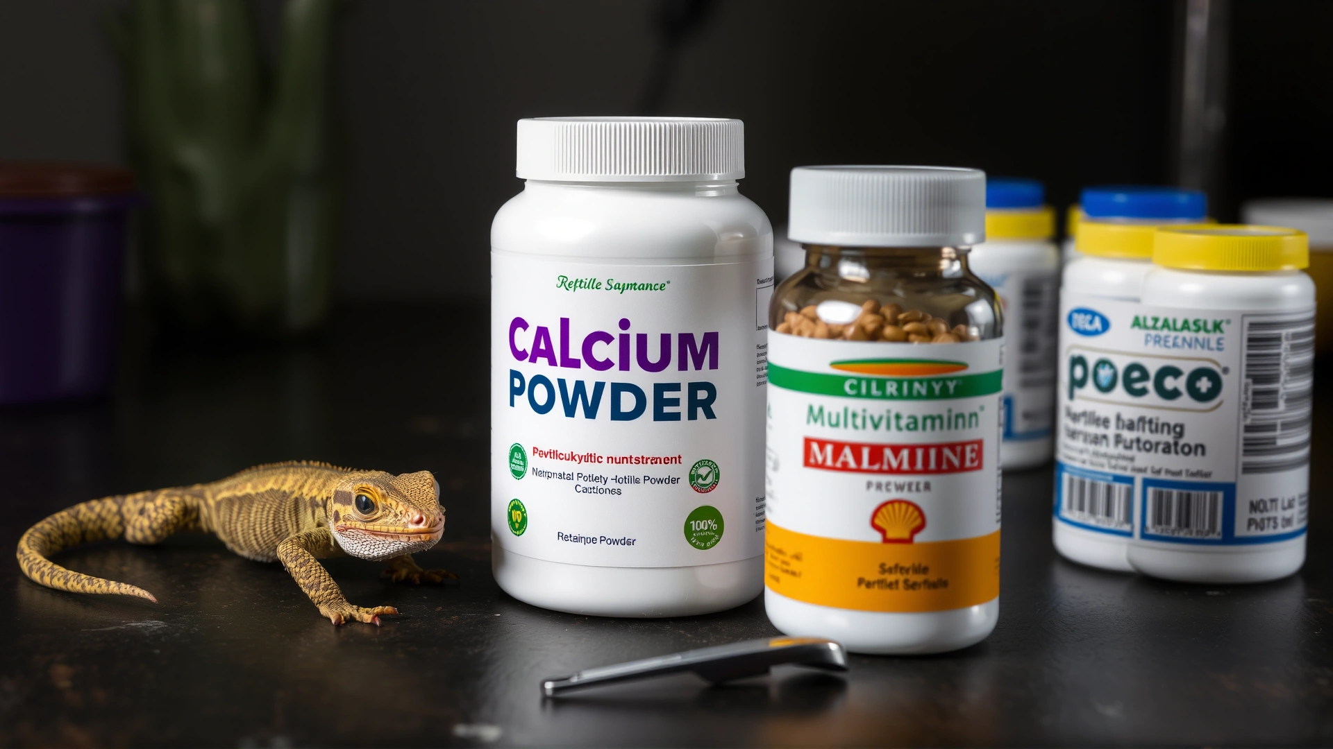 Calcium powder container and multivitamin bottle for reptiles on a reptile-care table with a small measuring scoop.