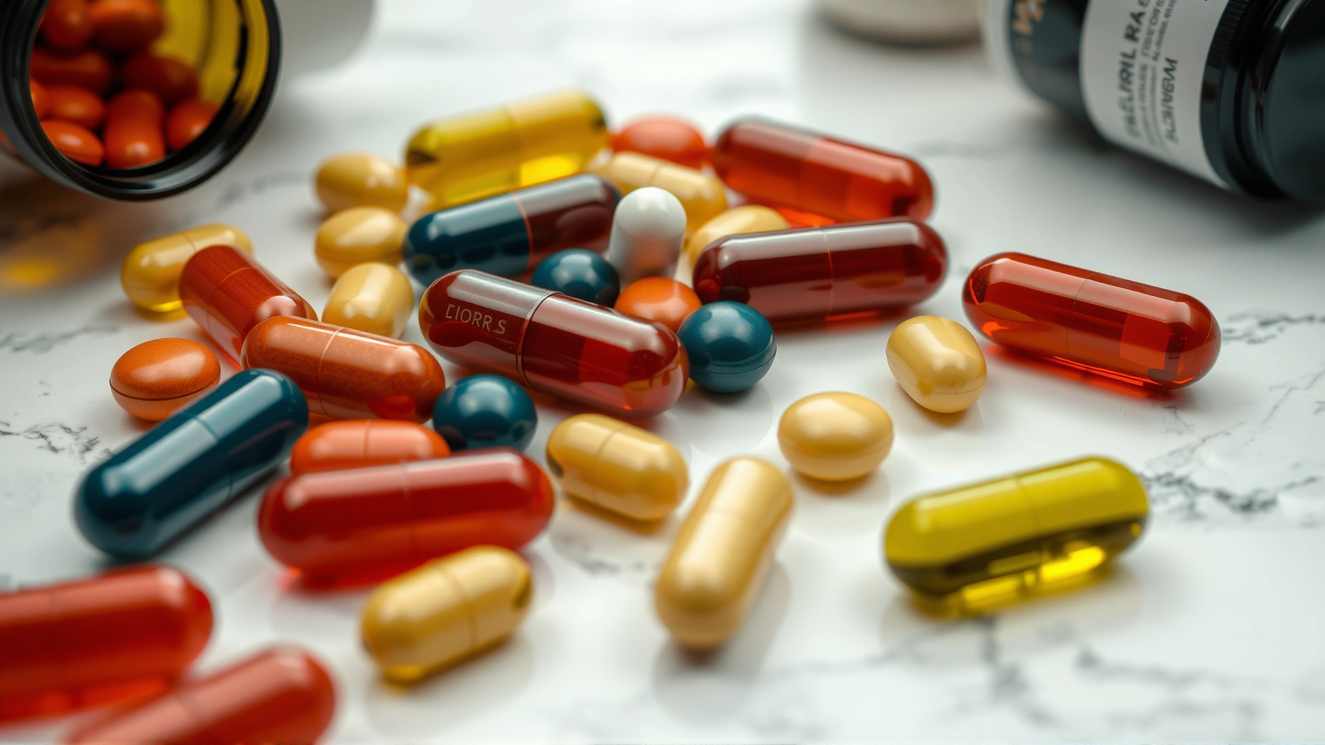 Close-up of colorful iron supplement tablets and capsules scattered across a white marble countertop, high-detail product shot