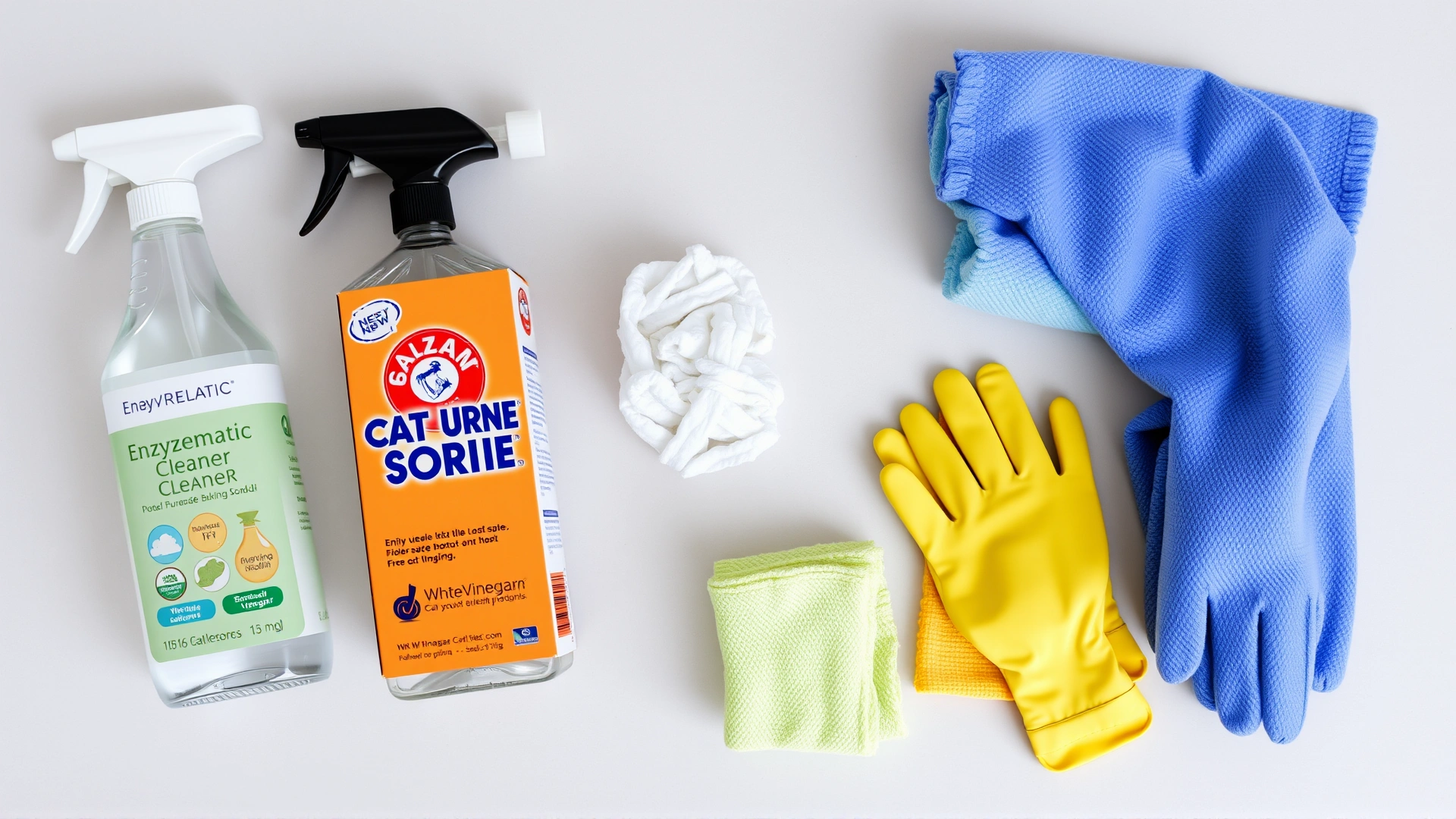 Flat lay photo of various cat urine cleaning supplies: enzymatic cleaner bottle, baking soda box, white vinegar, microfiber cloths, rubber gloves, all arranged neatly on a neutral background, top-down view.