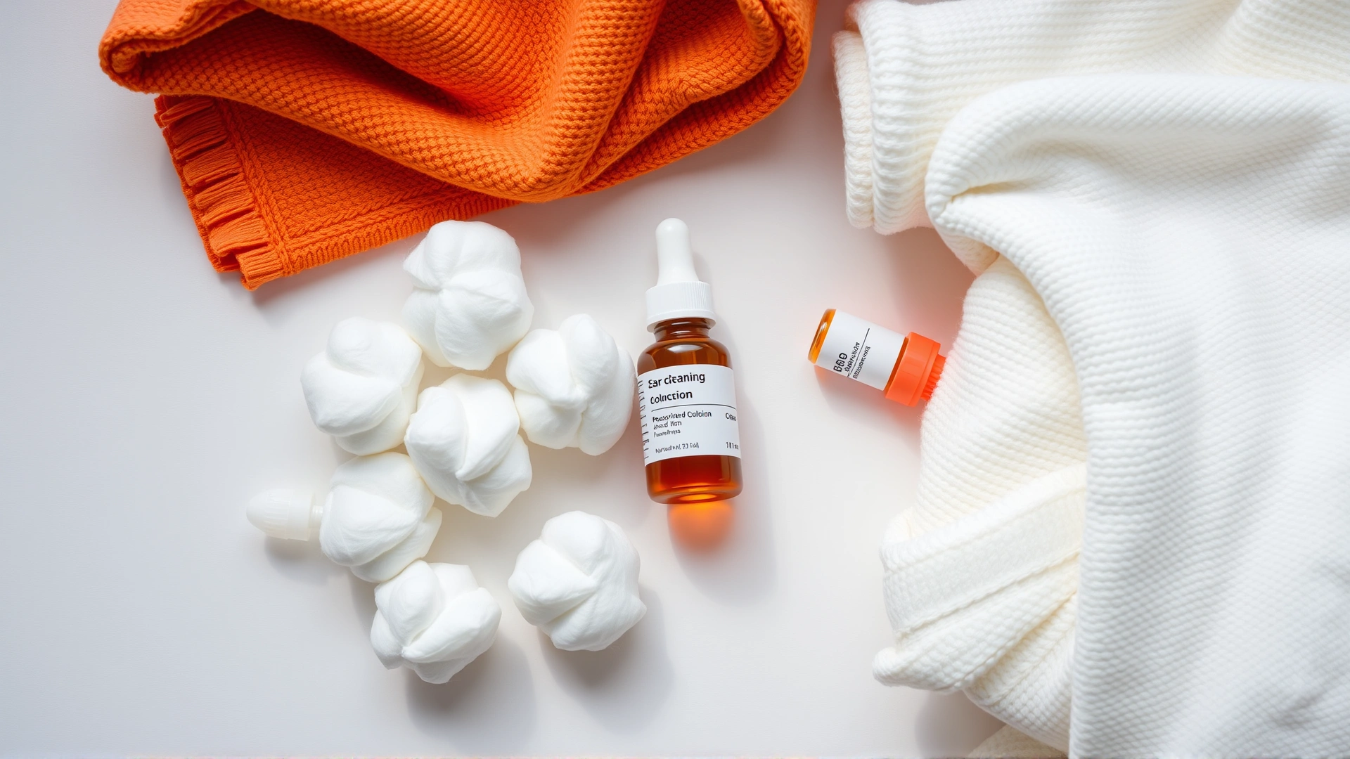 Flat lay of cotton balls, ear cleaning solution bottle, prescribed ear drops, and soft towels neatly arranged on a white surface, bright lighting