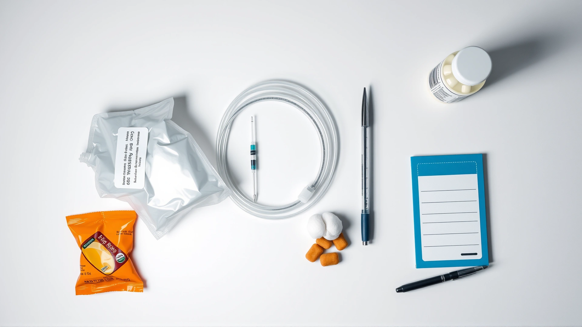 Top-down view of all supplies needed for subcutaneous fluids neatly arranged on a white table: fluid bag, tubing set, sterile needle, alcohol swabs, cotton, treat snacks, note pad and pen