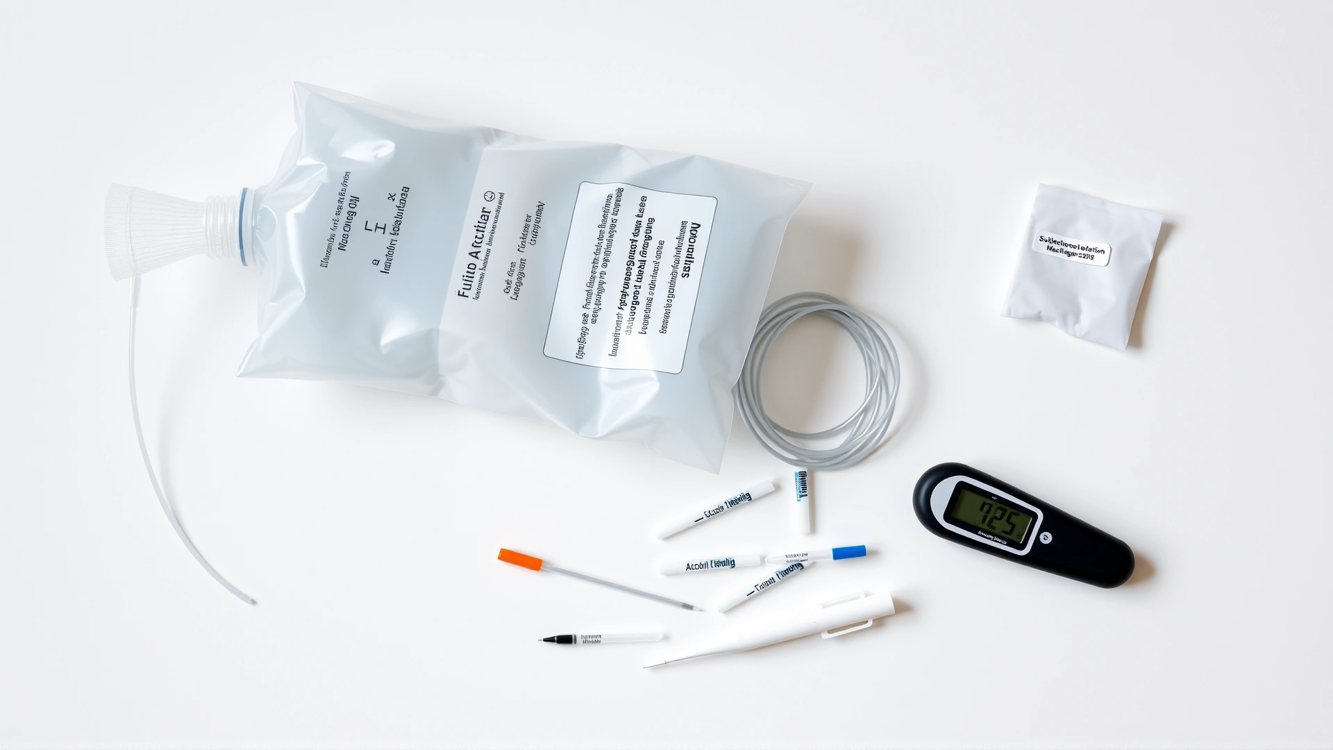 Flat lay of subcutaneous fluid therapy supplies: a 1-liter lactated Ringer’s bag, drip set, needles of different gauges, alcohol swabs, and a digital thermometer on a clean white surface.