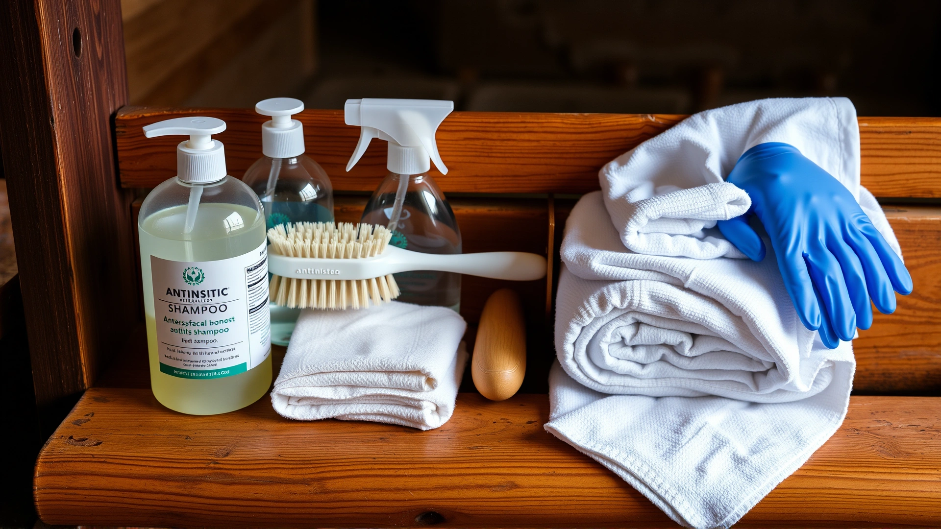 Assortment of antiseptic shampoos, soft brushes, clean towels, and disposable gloves neatly arranged on a wooden stable bench.