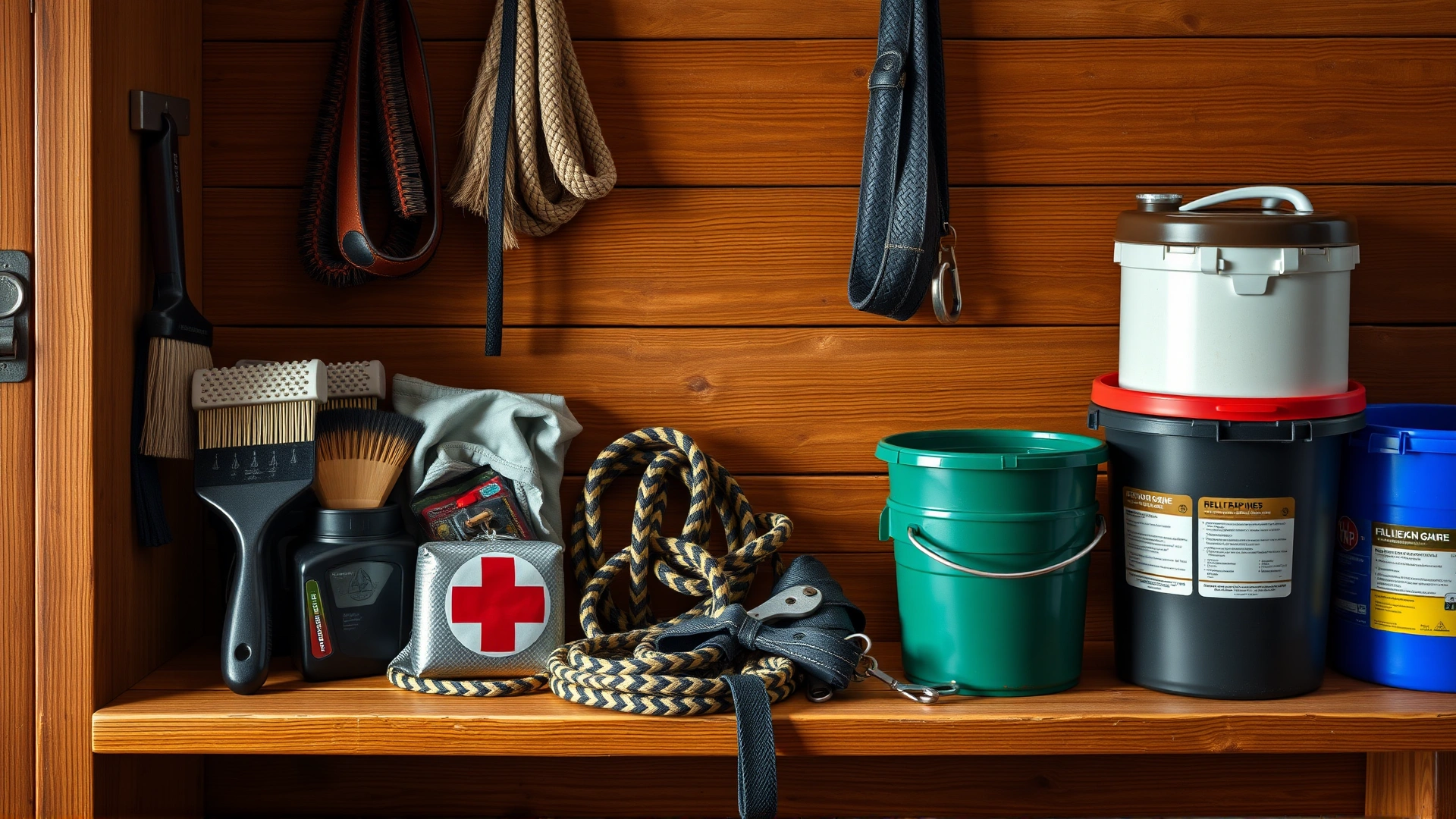 A neatly arranged collection of horse care supplies on a wooden tack room bench—grooming brushes, lead rope, first-aid kit, and feed buckets.