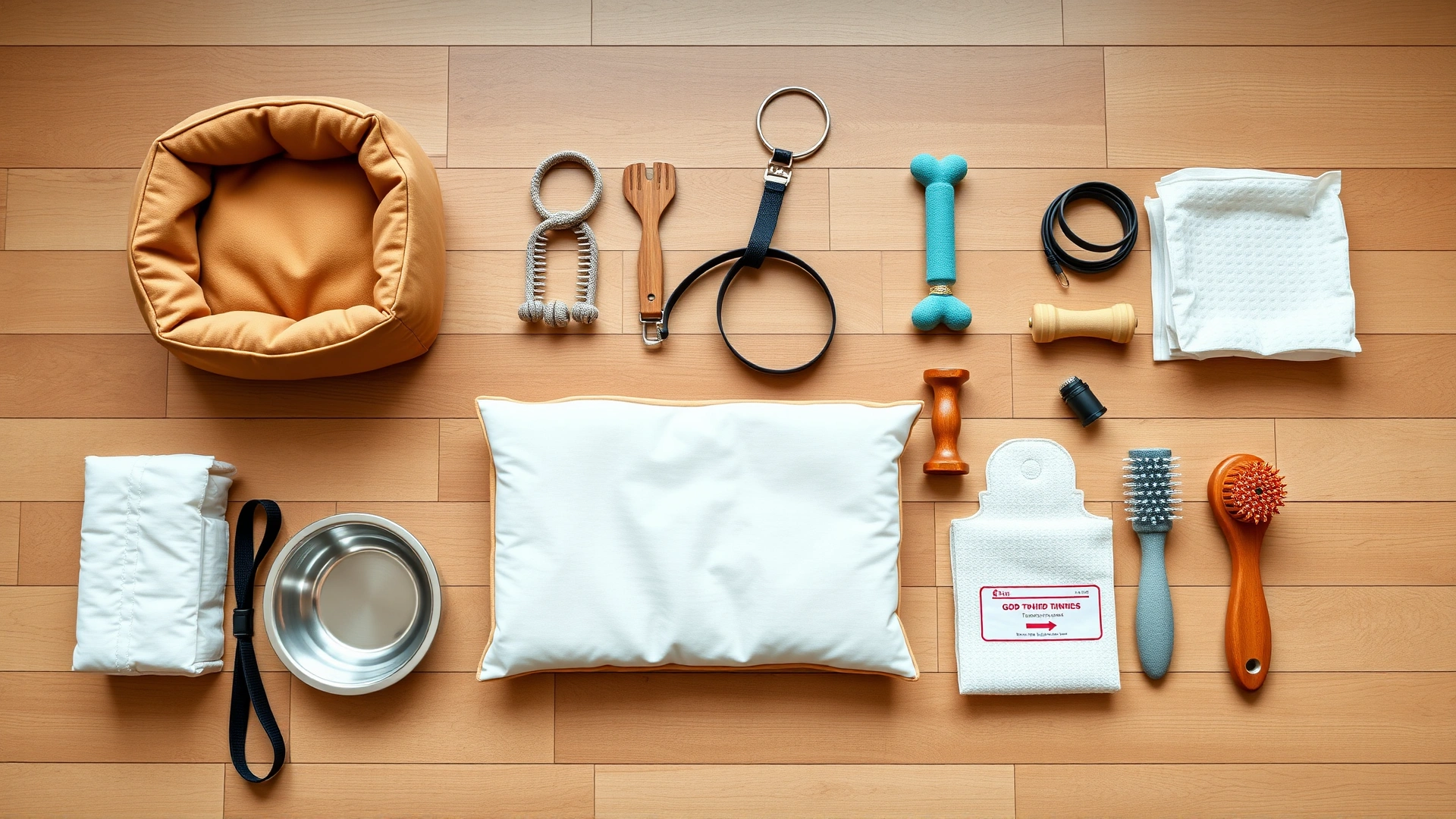 Flat lay of essential puppy supplies neatly arranged on a wooden floor, including a small bed, stainless steel bowls, leash, chew toys, grooming brush and training pads.