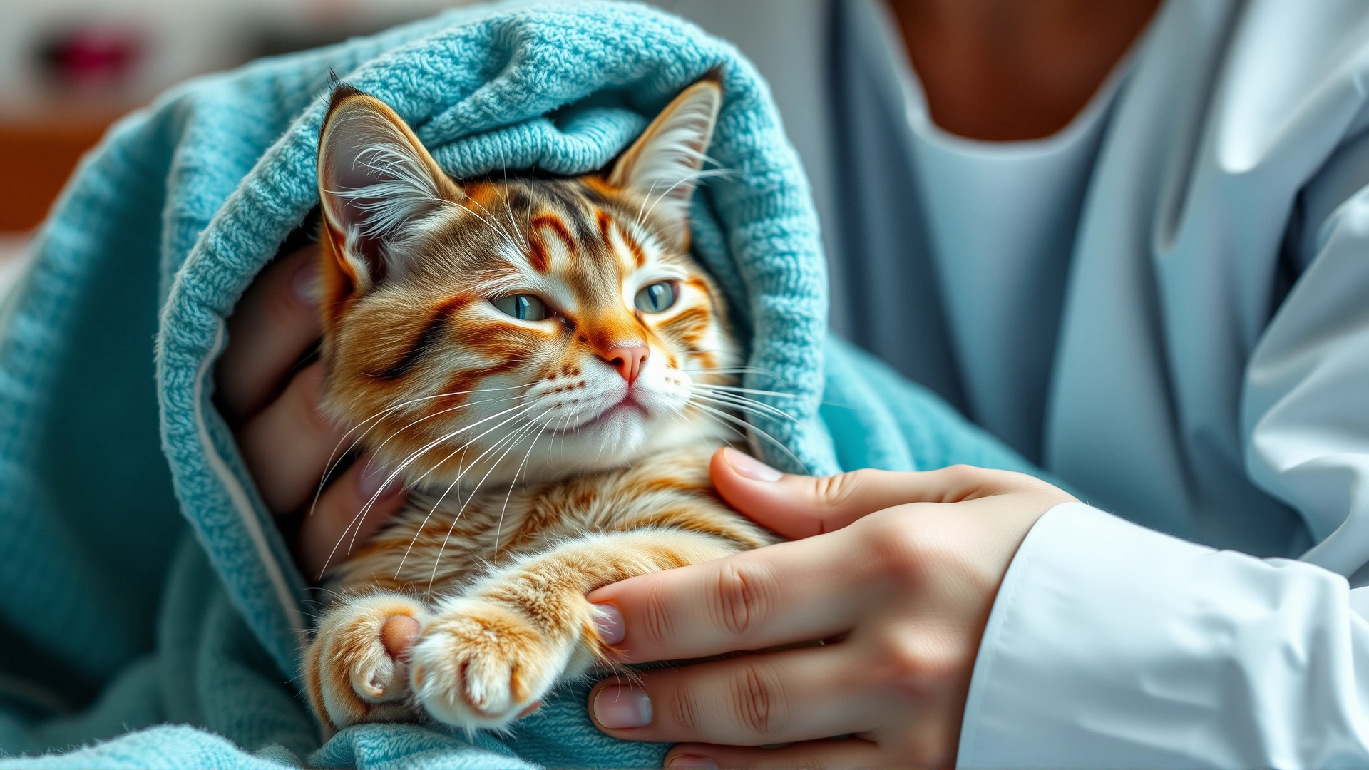 Cat wrapped in a cozy blanket while its owner softly petting it, depicting post-treatment care and emotional support.
