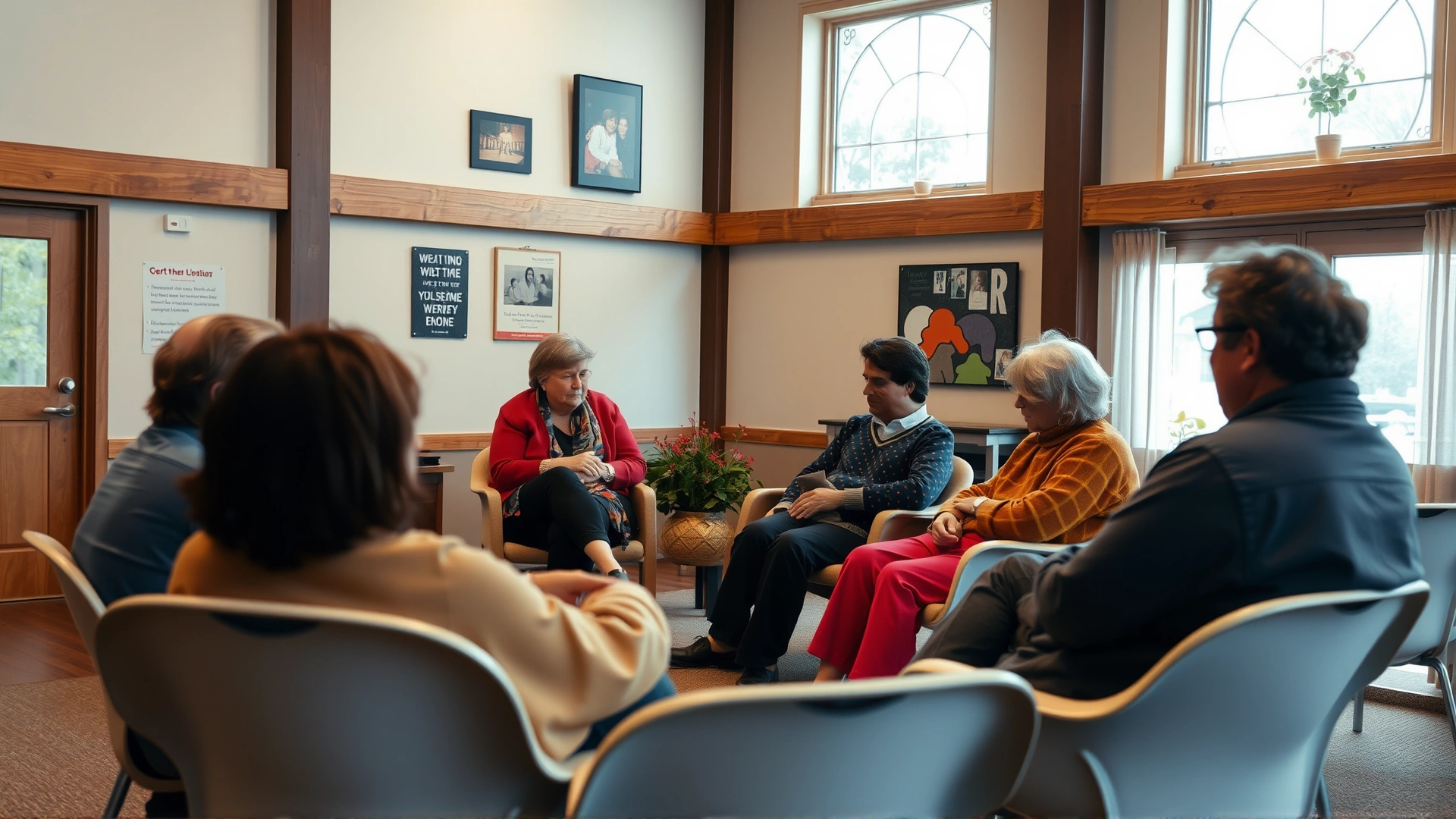 Small grief-support group in a community center, people seated in a circle sharing and comforting each other