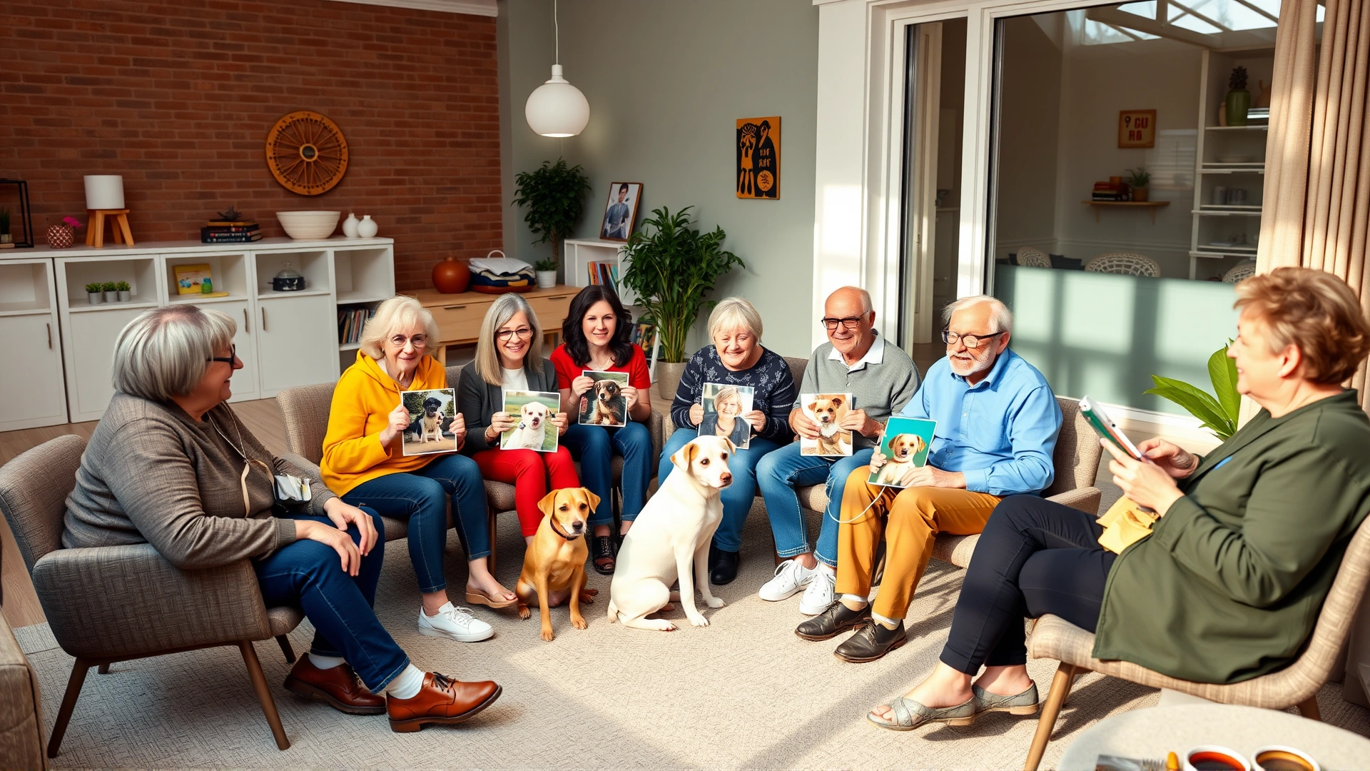 Small group of diverse pet owners sitting in a circle in a bright community room, holding photos of their pets and sharing stories.