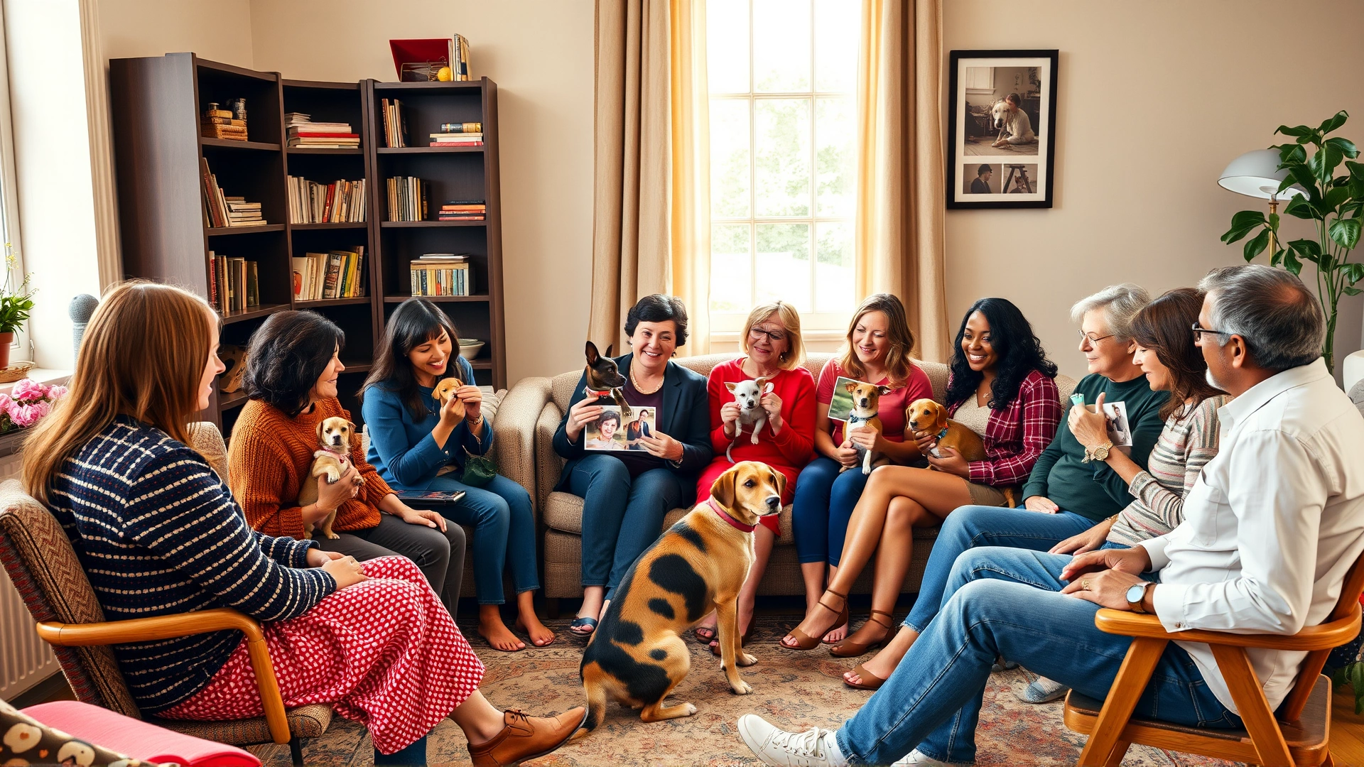 A diverse group of people sitting in a circle in a cozy room, each holding photos or collars of their pets, offering mutual support.