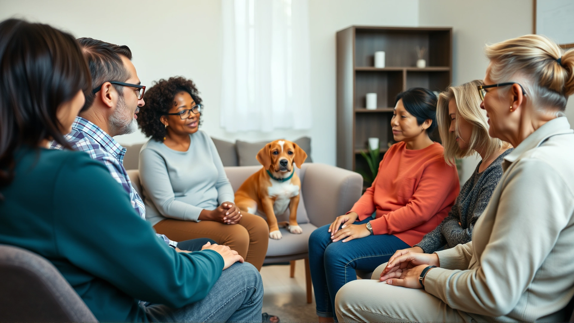 Small support group of diverse adults sitting in a circle, one person being comforted after losing a pet, neutral therapy room setting, candid moment, no text on image