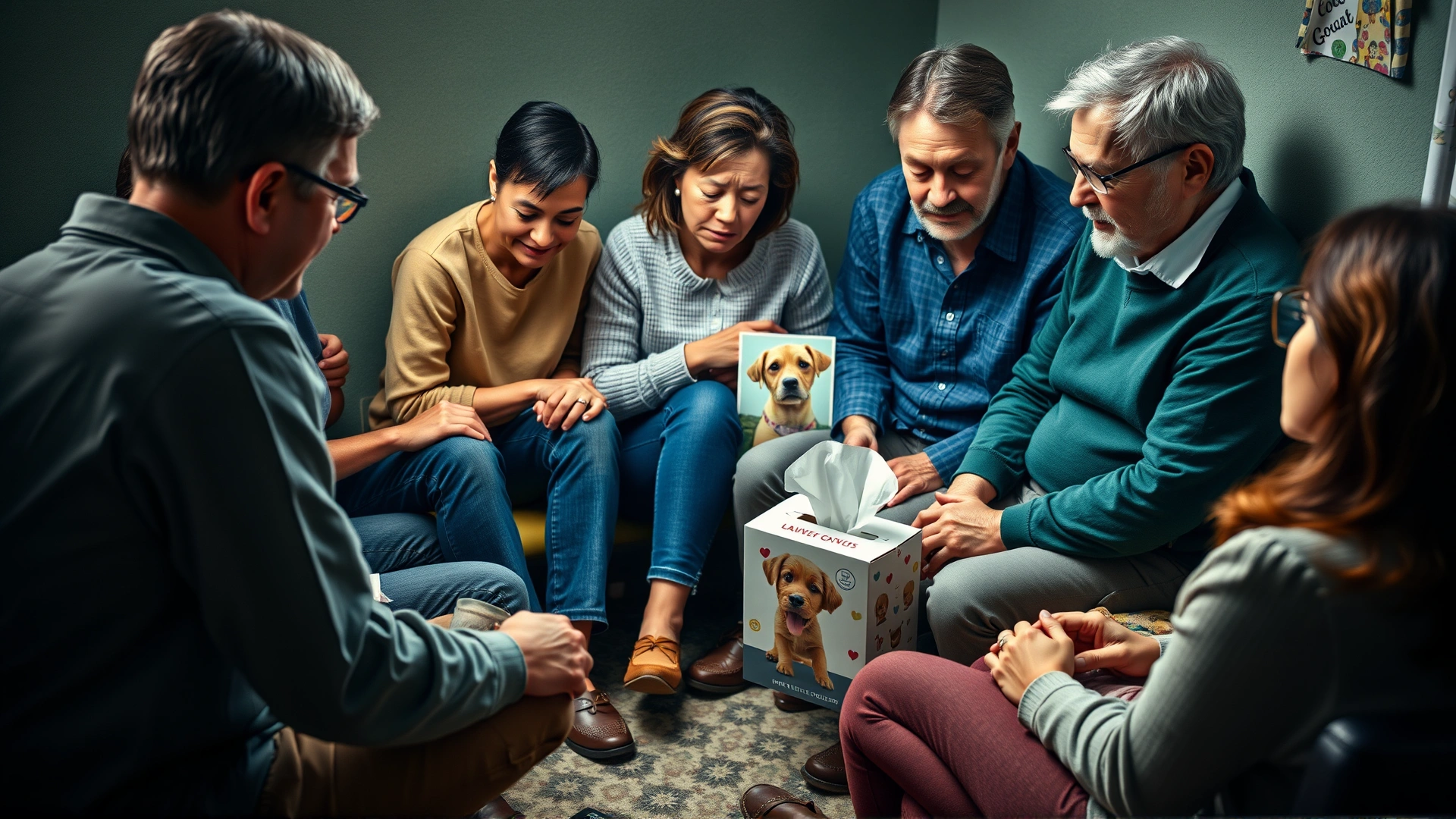 Small group of people sitting in a circle, comforting each other, with a box of tissues and a photo of a dog in the center.