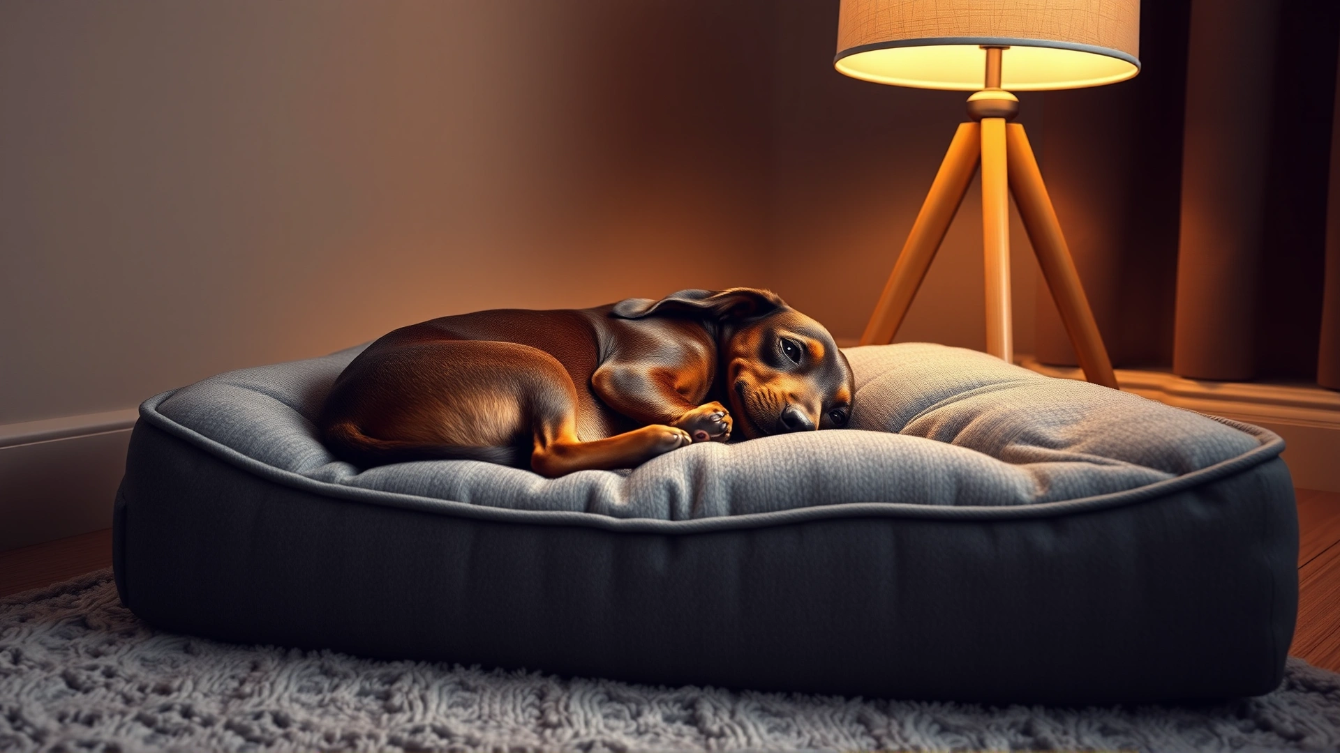Dachshund comfortably curled up on a gray memory-foam orthopedic dog bed beside a warm lamp in a quiet corner
