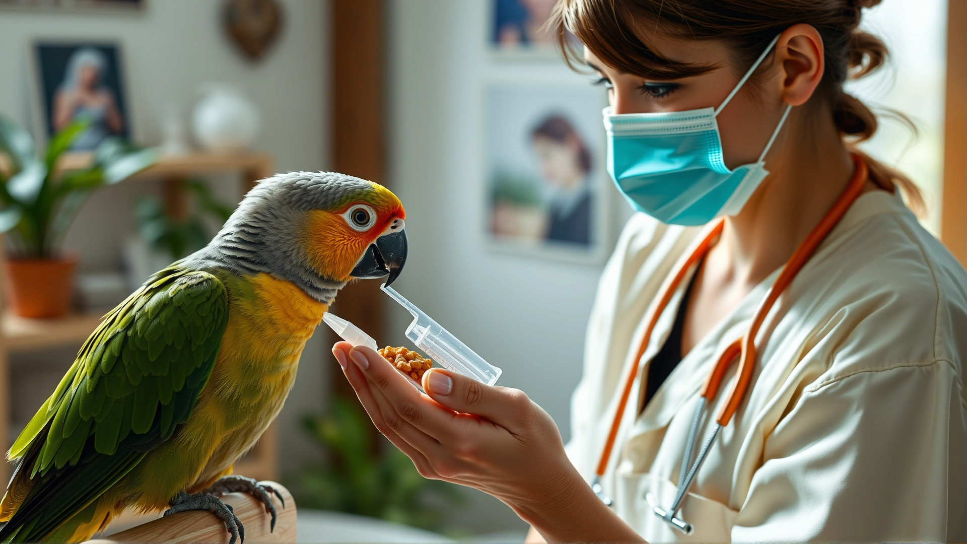 Caretaker hand-feeding a small conure with a curved syringe in a cozy indoor environment