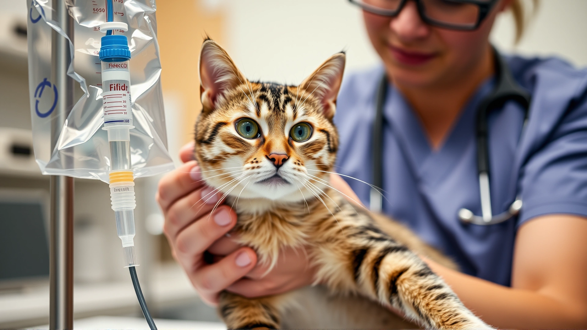 Domestic short-haired cat receiving intravenous fluid therapy at a veterinary clinic, IV bag and tubing visible, caring vet technician gently holding the cat.