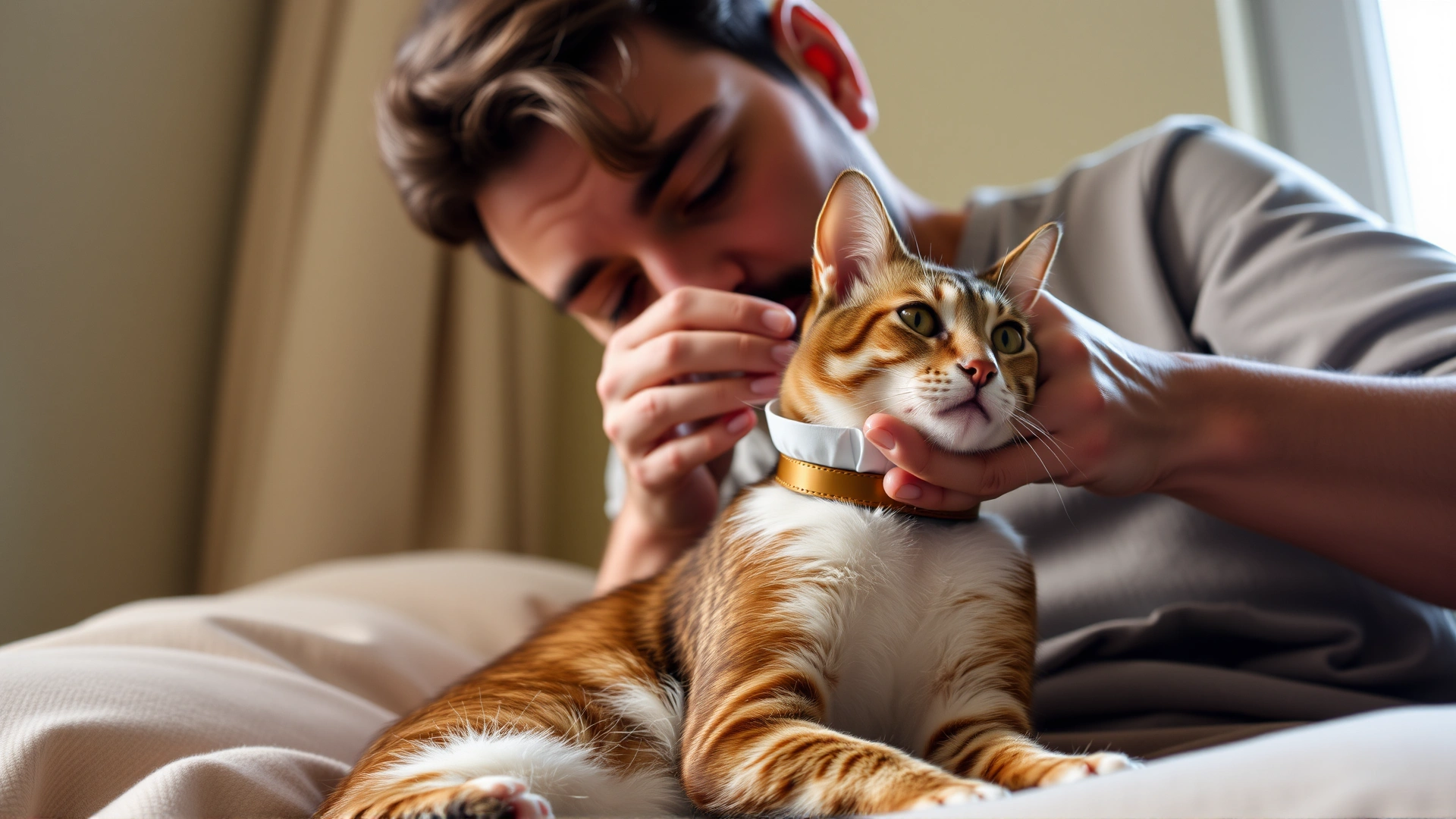 Owner gently fitting an Elizabethan collar on a cat while offering comfort, bright natural light.