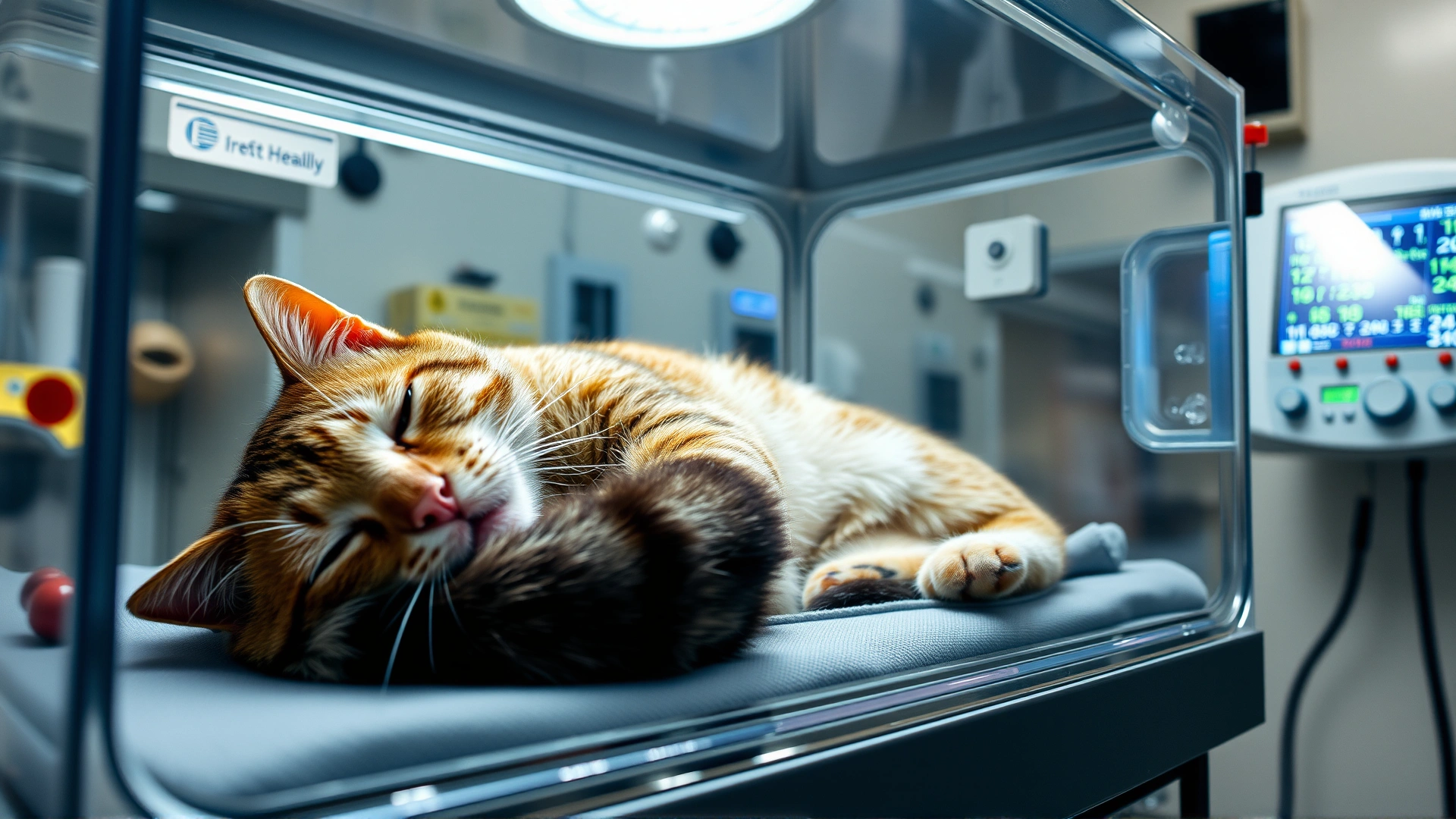 Sick cat resting inside a transparent oxygen cage at a veterinary hospital, with monitoring equipment visible.