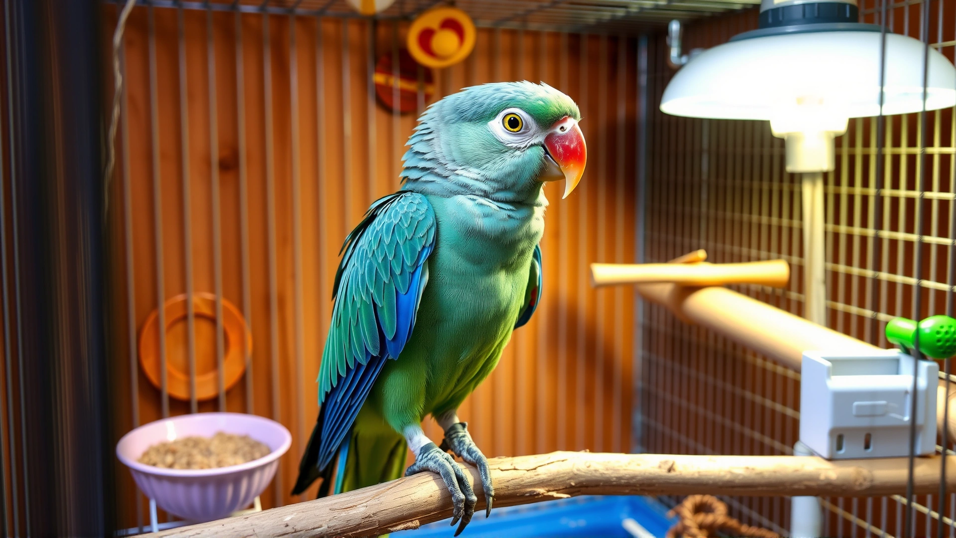 Parrot in a spacious, well-equipped cage with nutritional bowls, toys, and a UV lamp, demonstrating optimal supportive home care